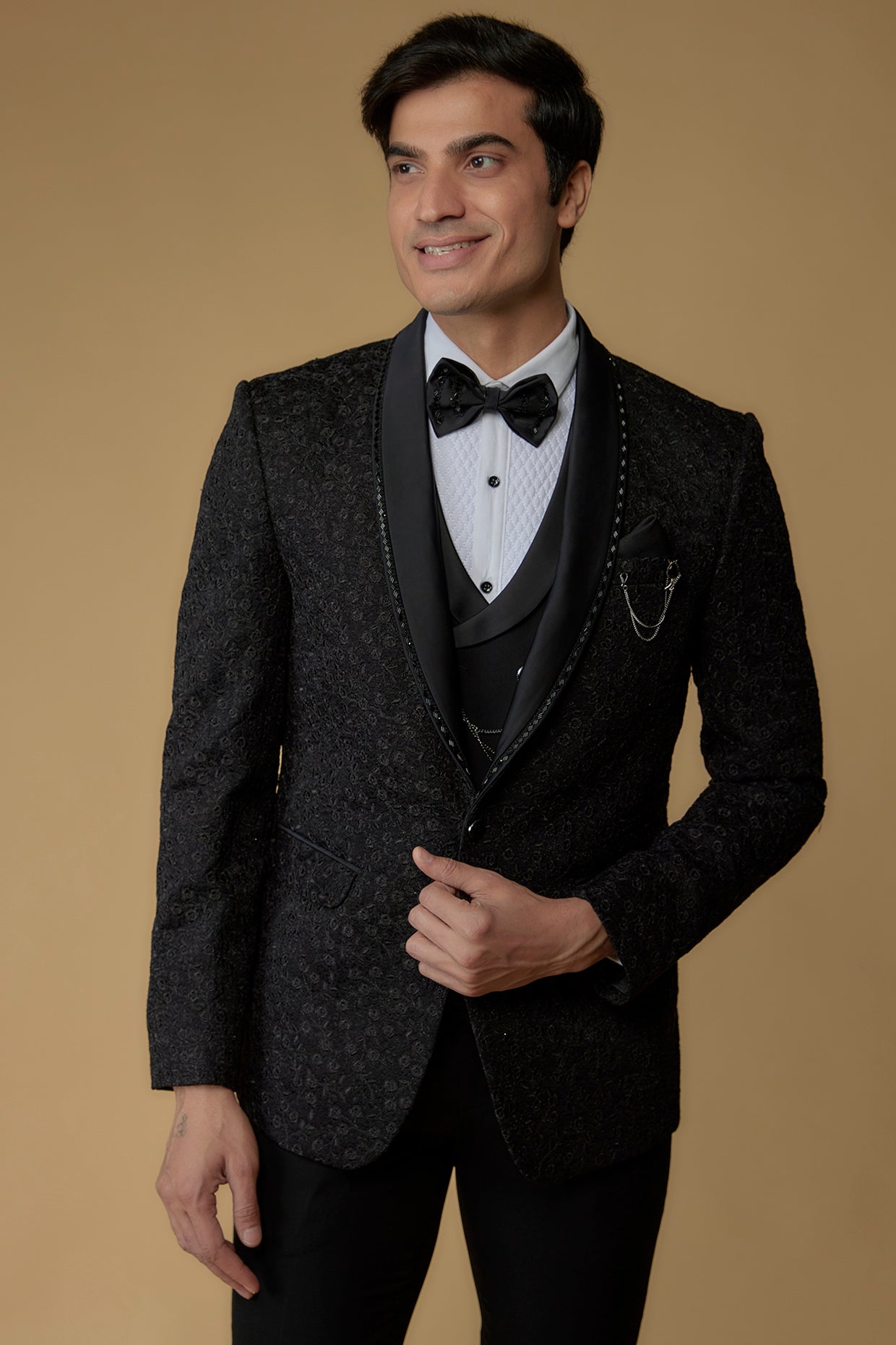 Caviar Black Japanese Suiting Hand Embroidered Tuxedo Set