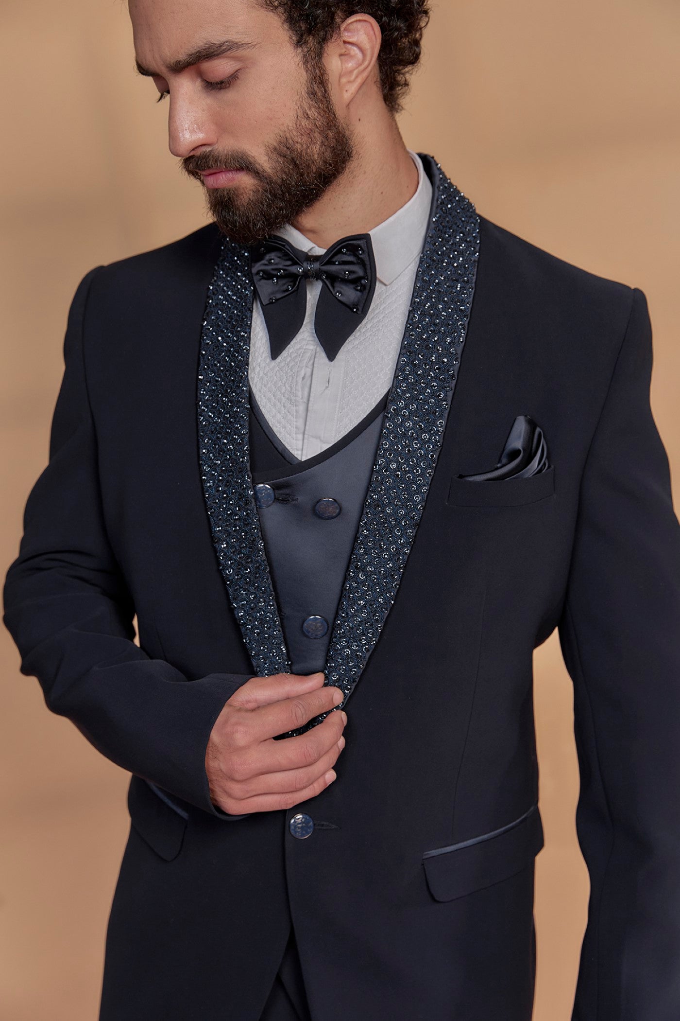 Deep Blue Suiting Fabric Embroidered Tuxedo Set