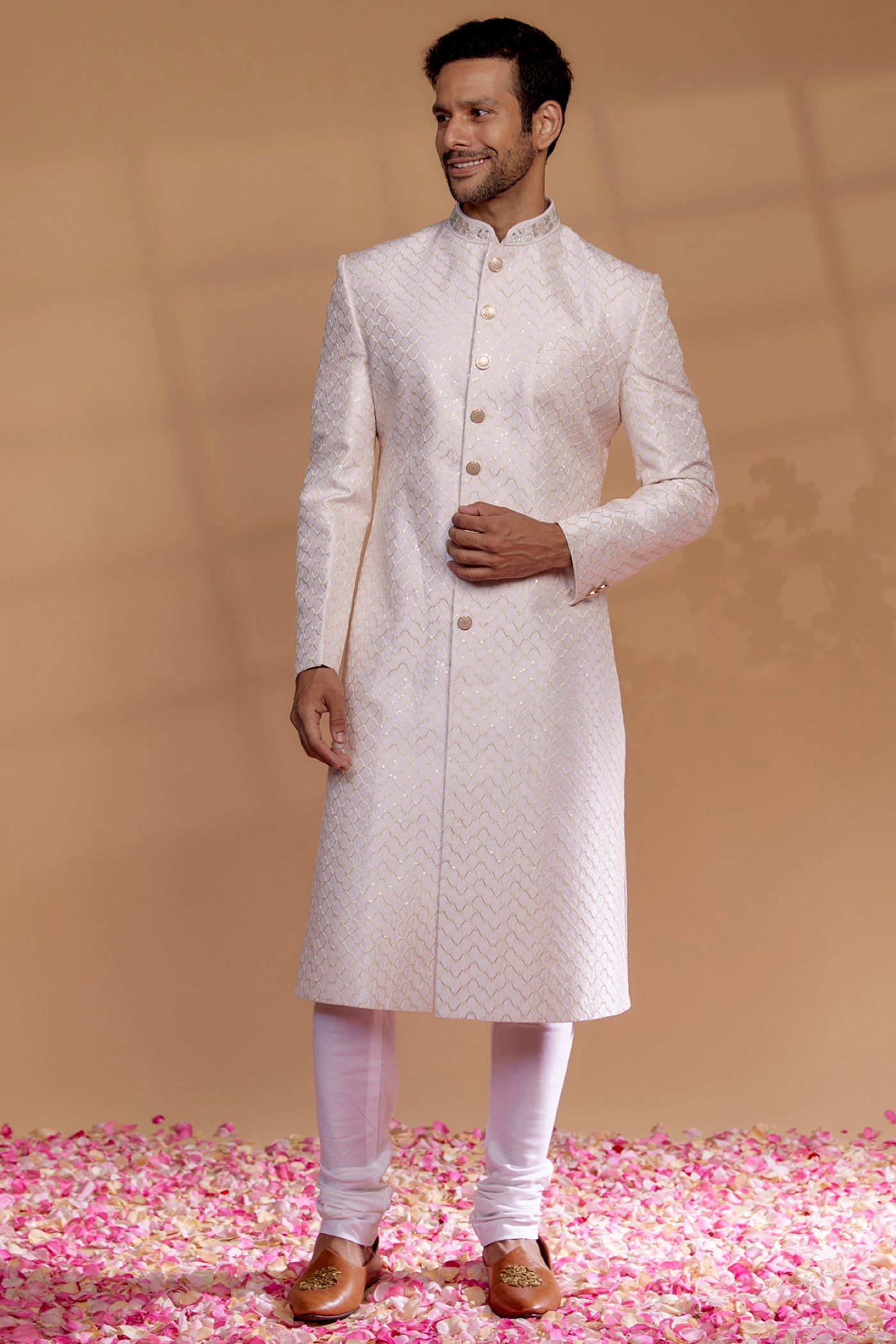 Ivory Raw Silk Sherwani Set