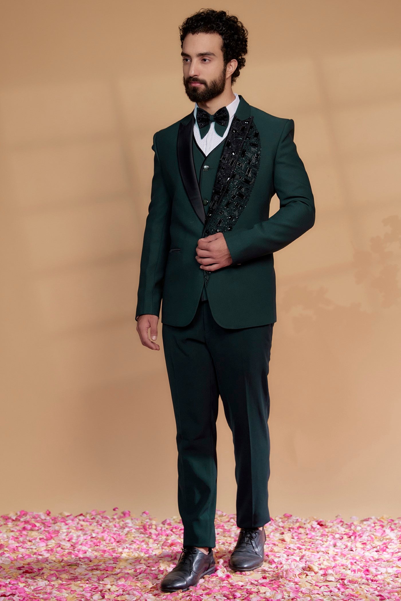 Deep Green Imported Suiting Fabric Embroidered Tuxedo Set