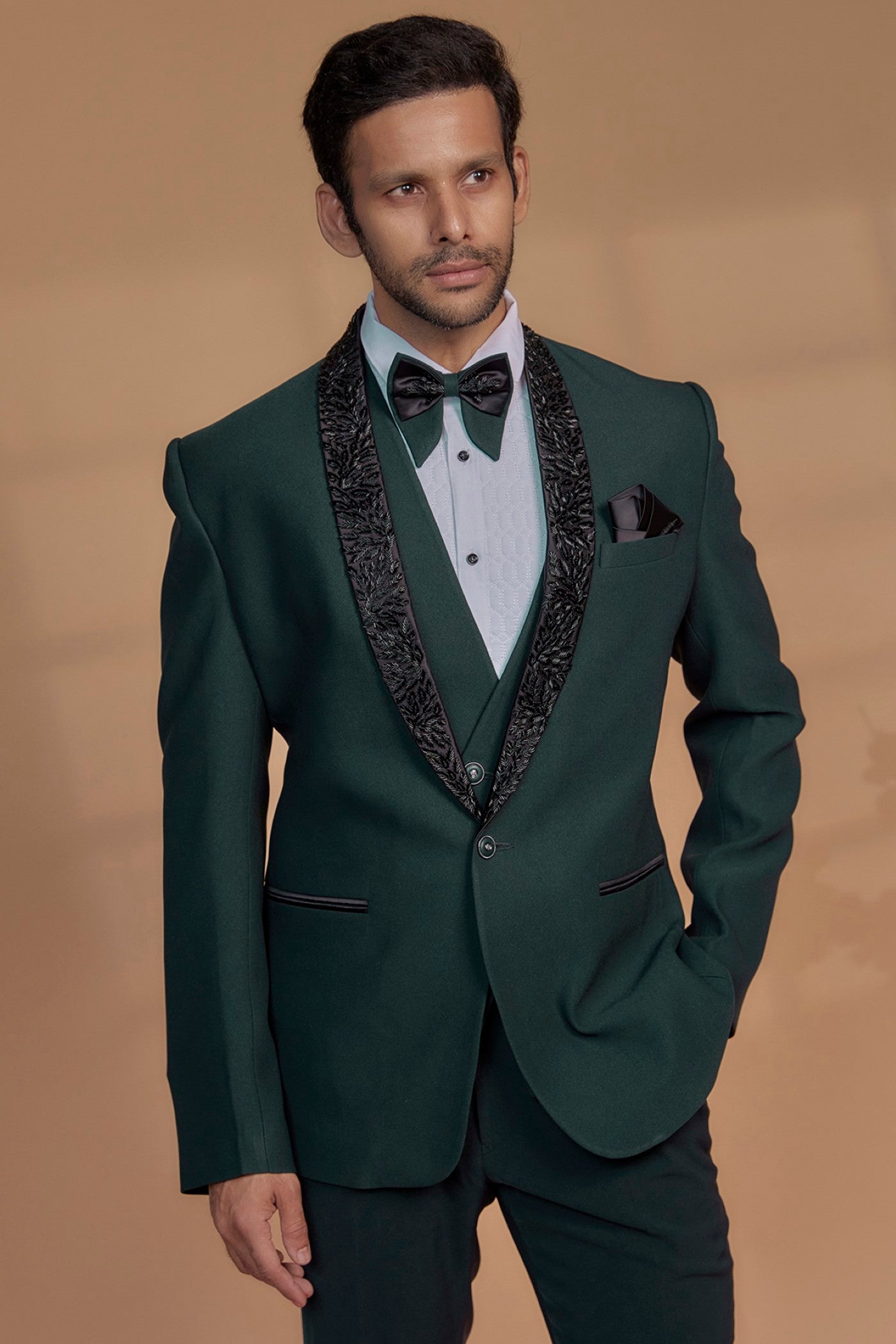 Royal Green Imported Suiting Fabric Embroidered Tuxedo Set