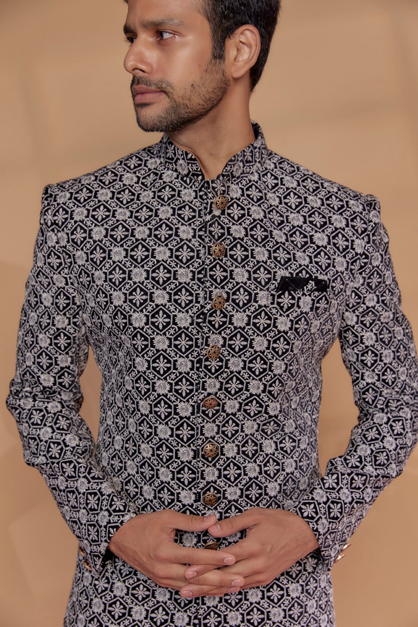 Black Raw Silk Thread Embroidered Sherwani Set