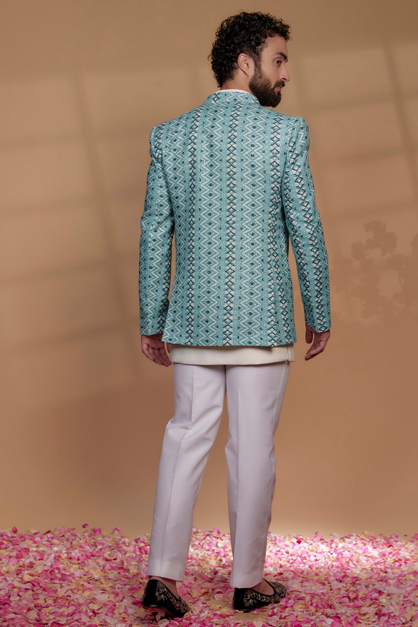 Turquoise Blue Silk & Imported Suiting Fabric Indowestern Set