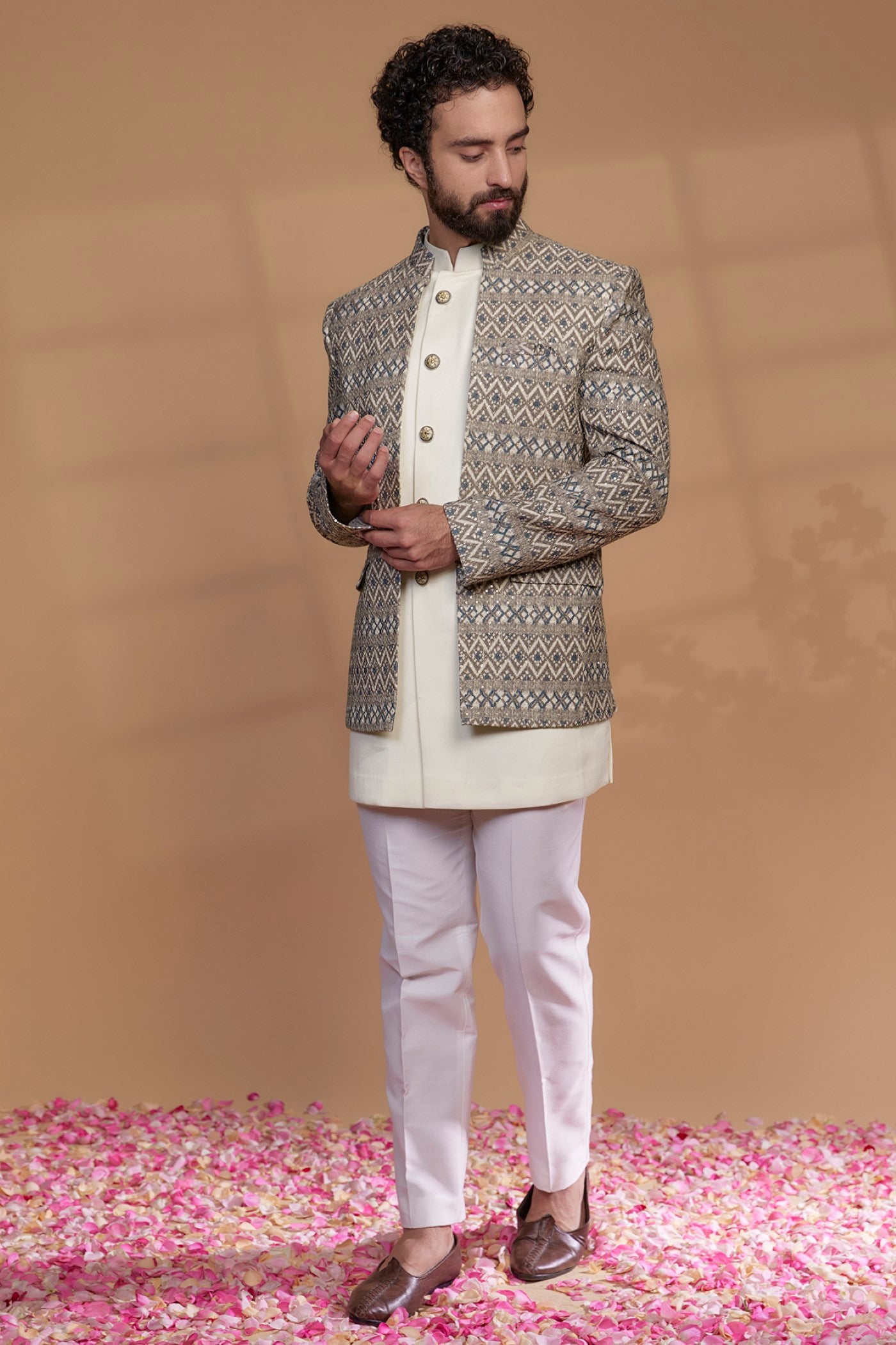 Beige Silk & Imported Suiting Fabric Indowestern Set
