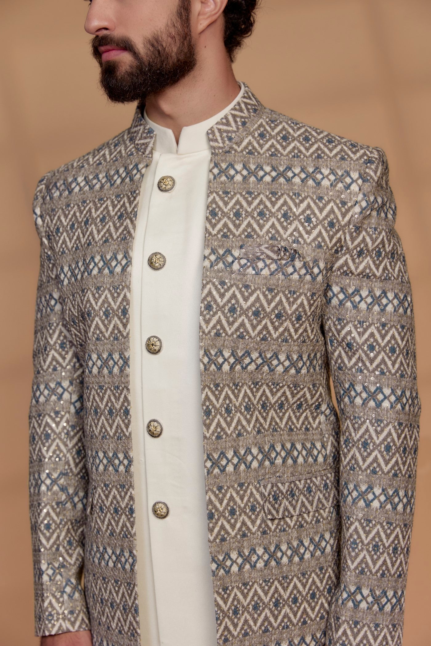 Beige Silk & Imported Suiting Fabric Indowestern Set