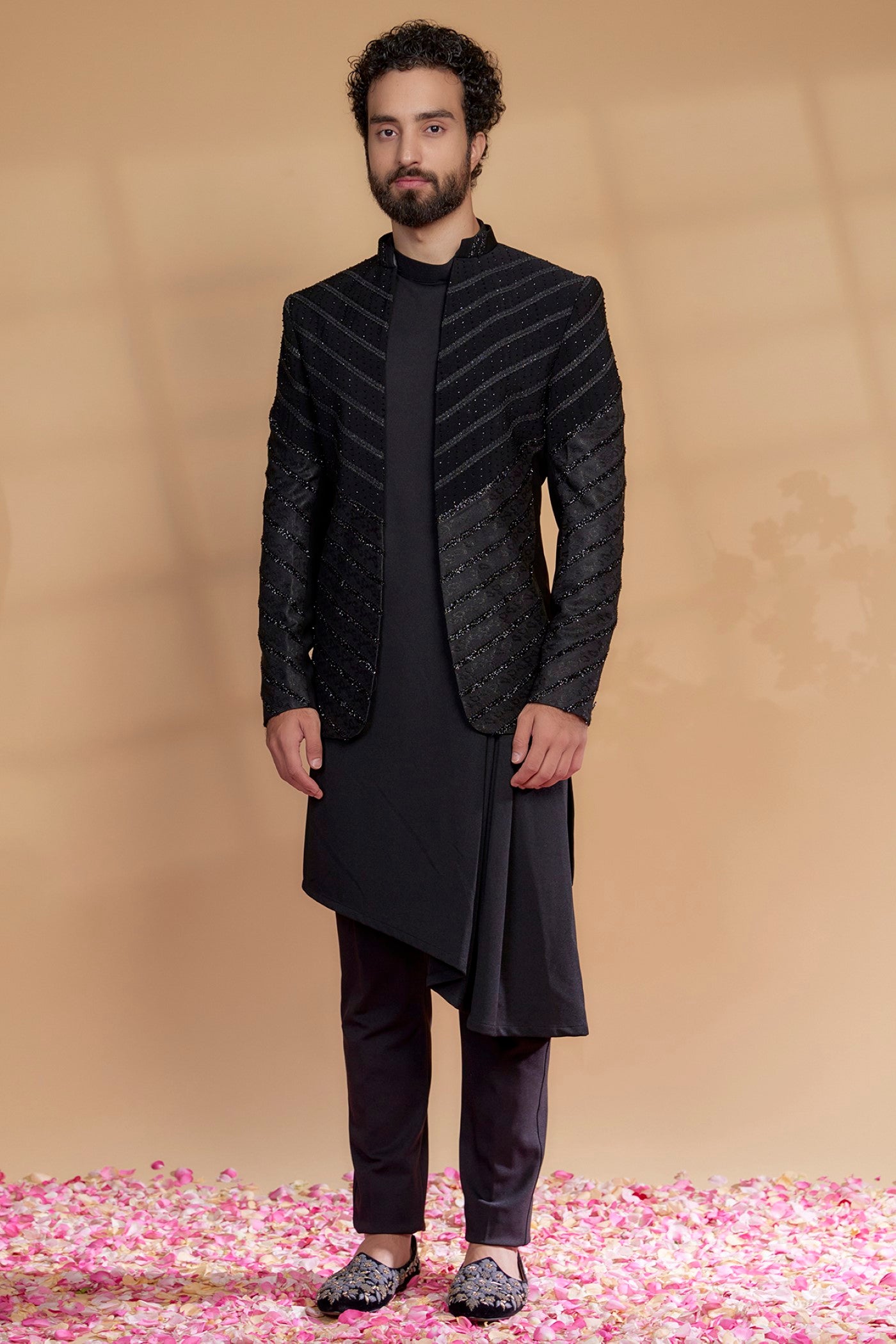 Black Imported Suiting Fabric Embellished Indowestern Set