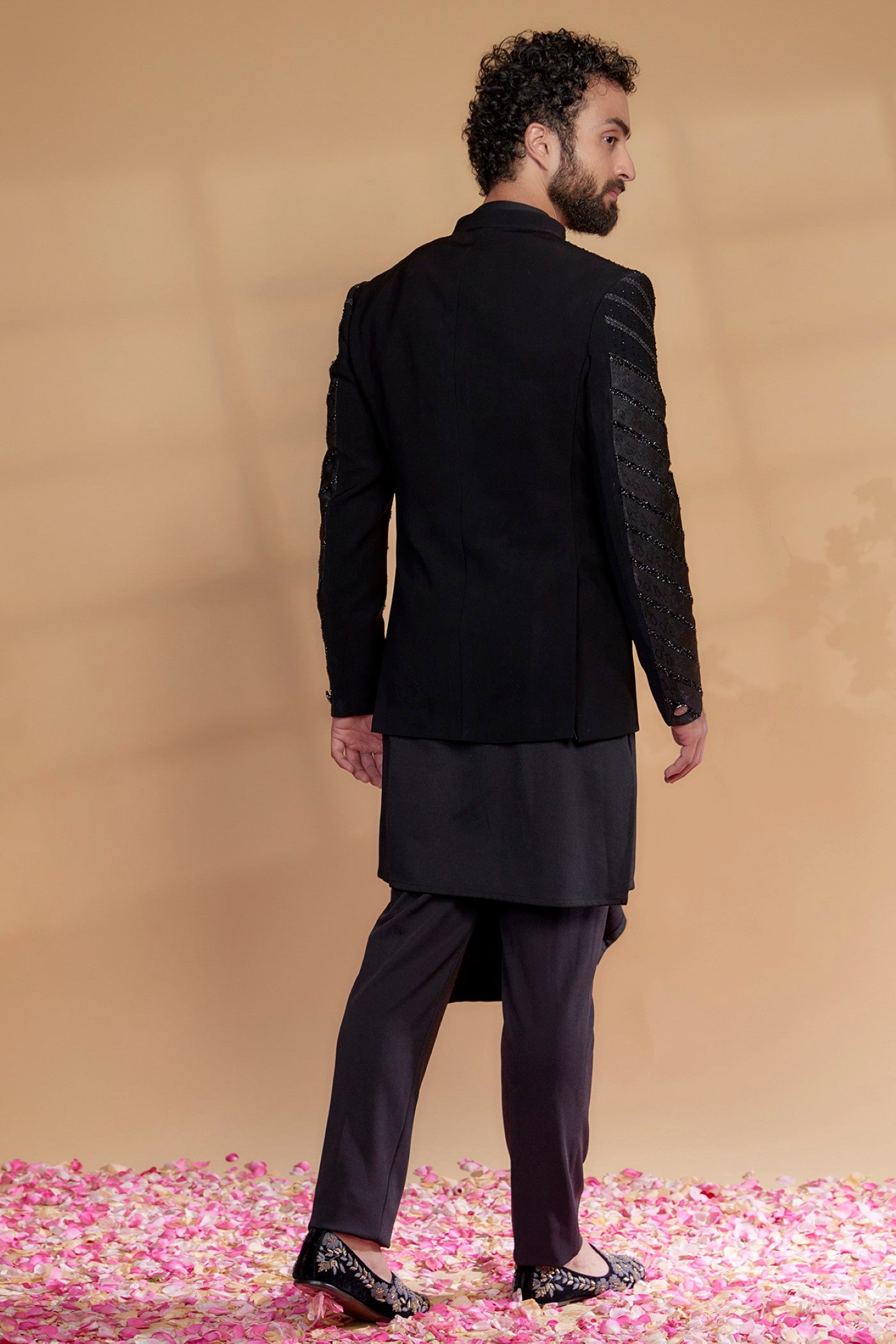 Black Imported Suiting Fabric Embellished Indowestern Set