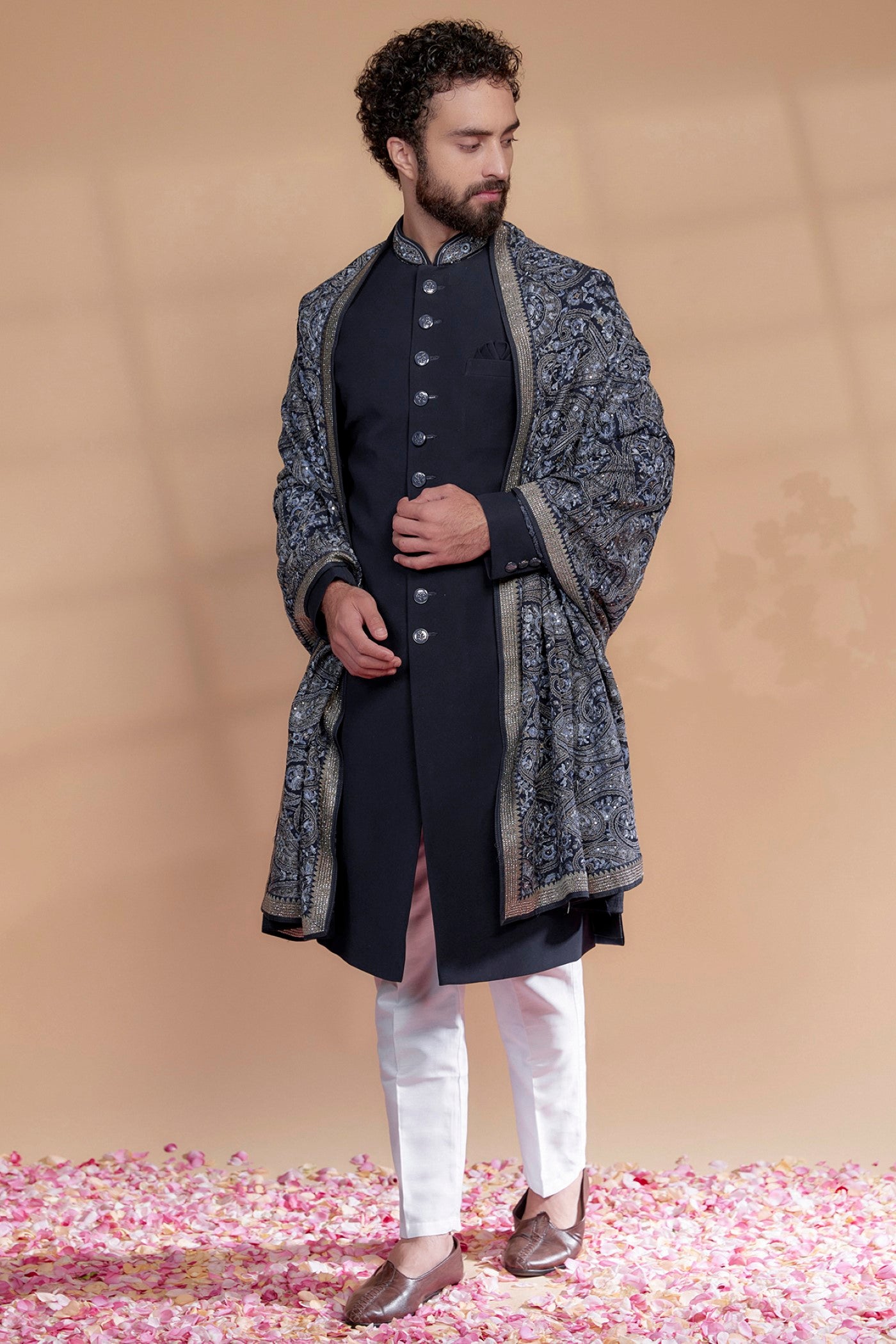 Midnight Blue Imported Italian Fabric Sherwani Set