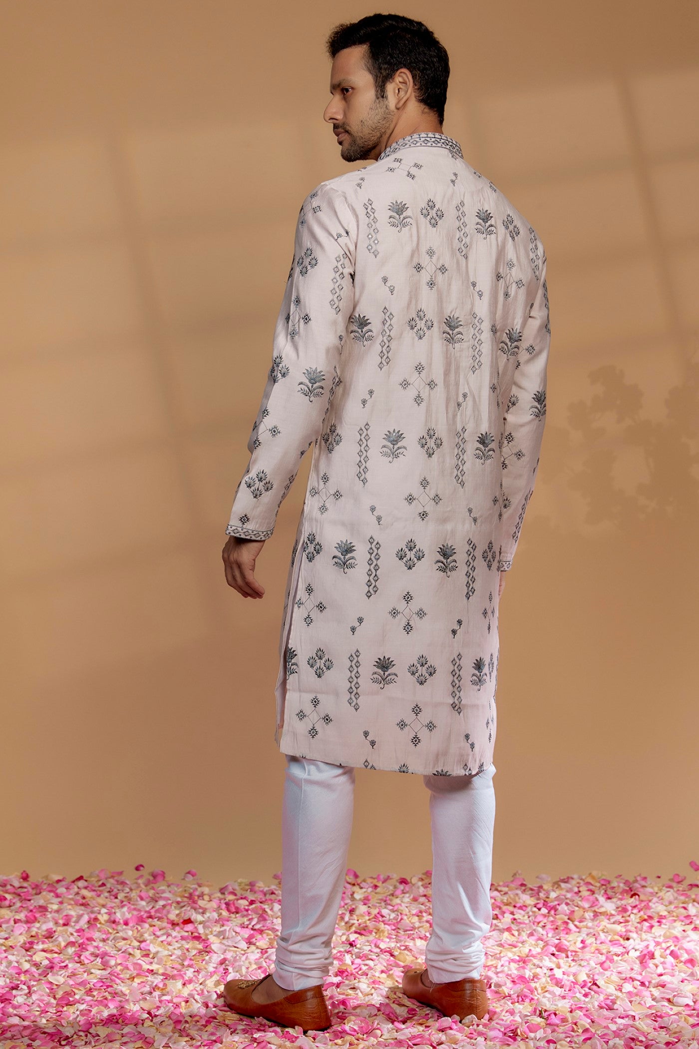 Porcelain White Silk Embroidered Kurta Set