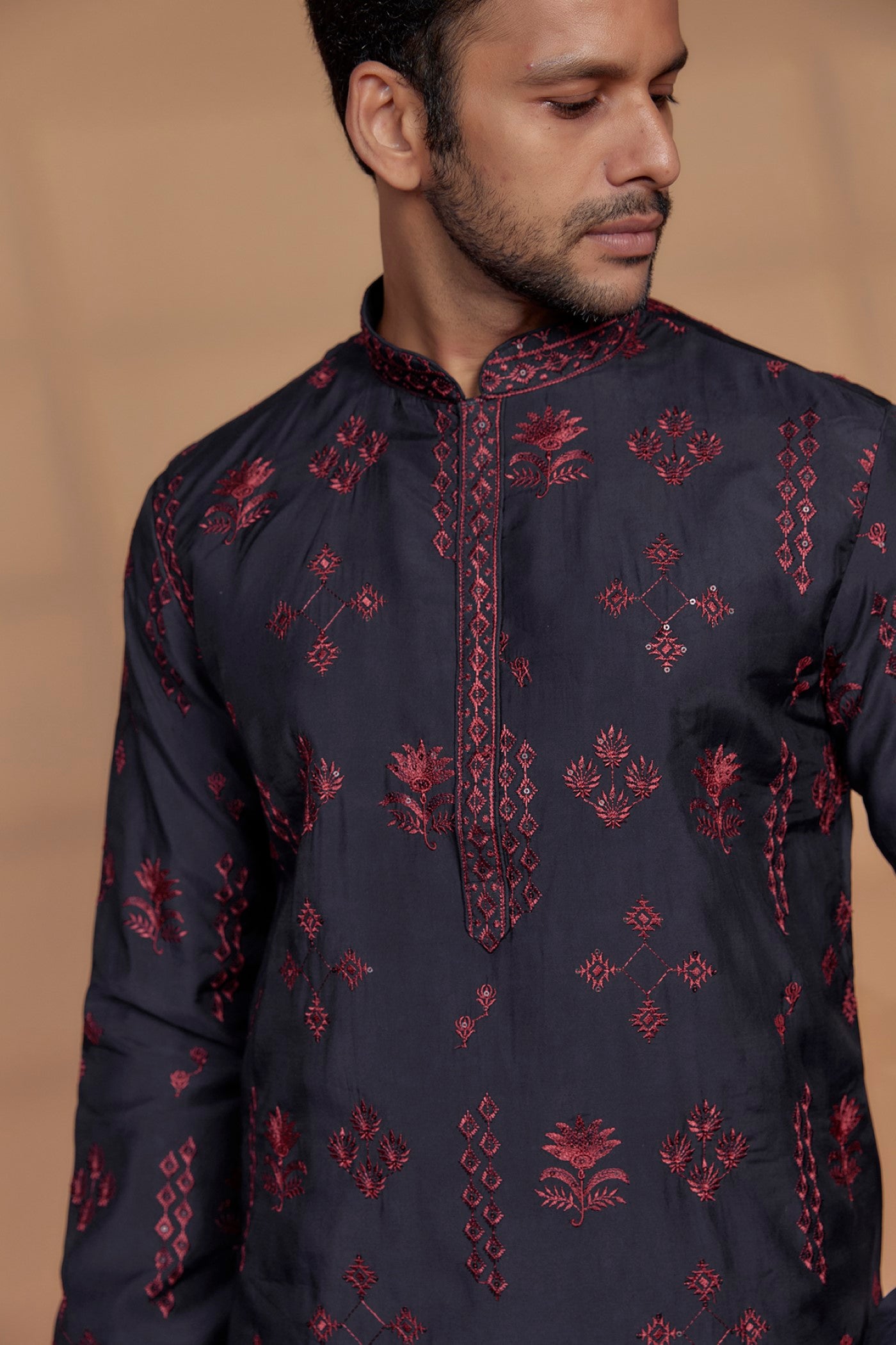 Navy  Blue Silk Embroidered Kurta Set