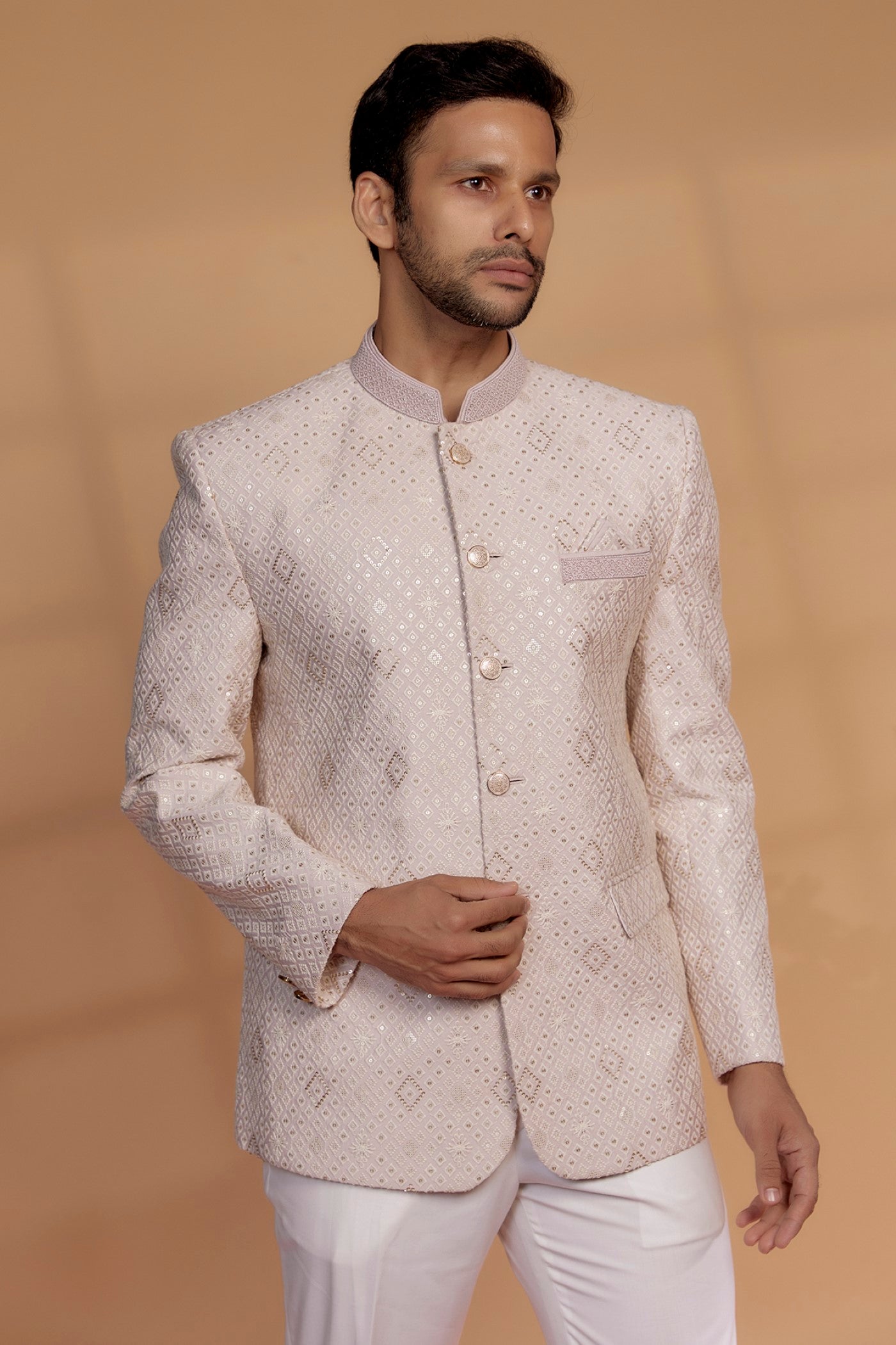 Soft Pink Silk Sequined Jodhpuri Set