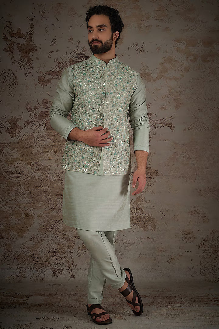 Sage Green Silk Embroidered Bundi Jacket Set