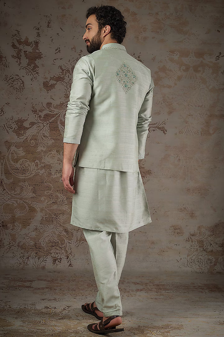 Sage Green Silk Embroidered Bundi Jacket Set