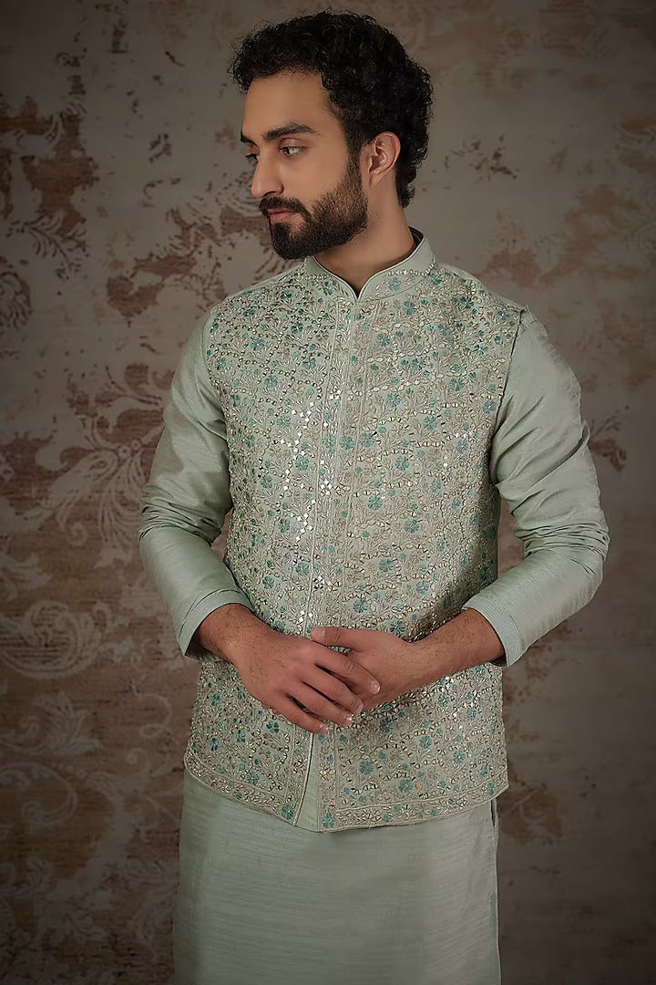 Sage Green Silk Embroidered Bundi Jacket Set