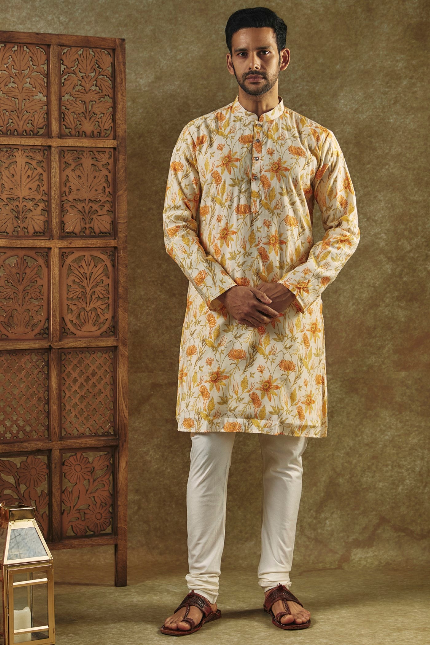 Daffodil Yellow Printed Silk kurta pajama set