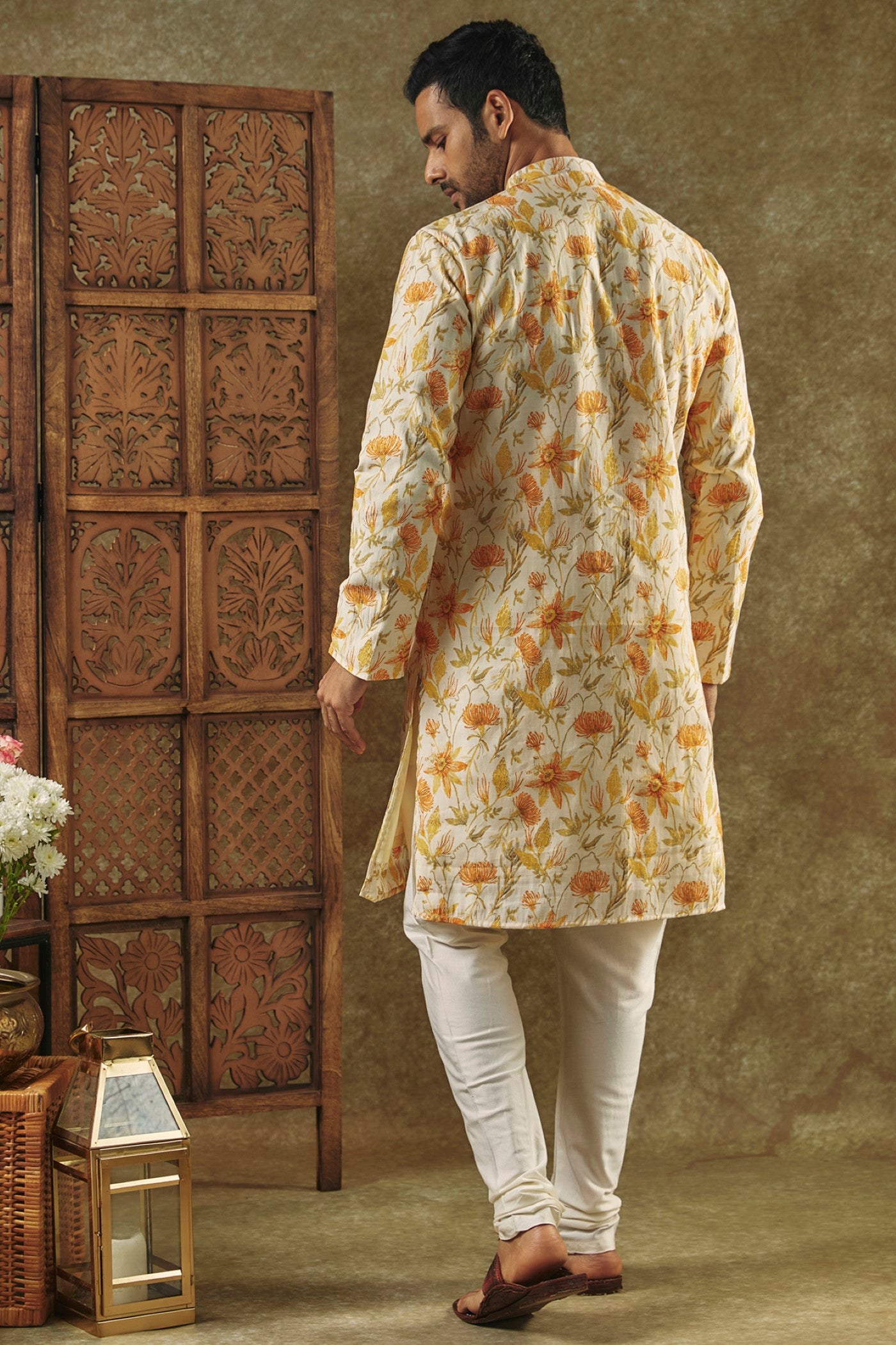 Daffodil Yellow Printed Silk kurta pajama set