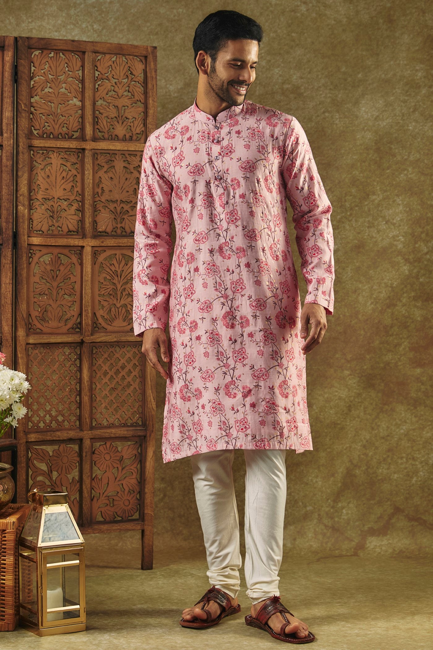 Salmon Pink Printed Silk kurta pajama set