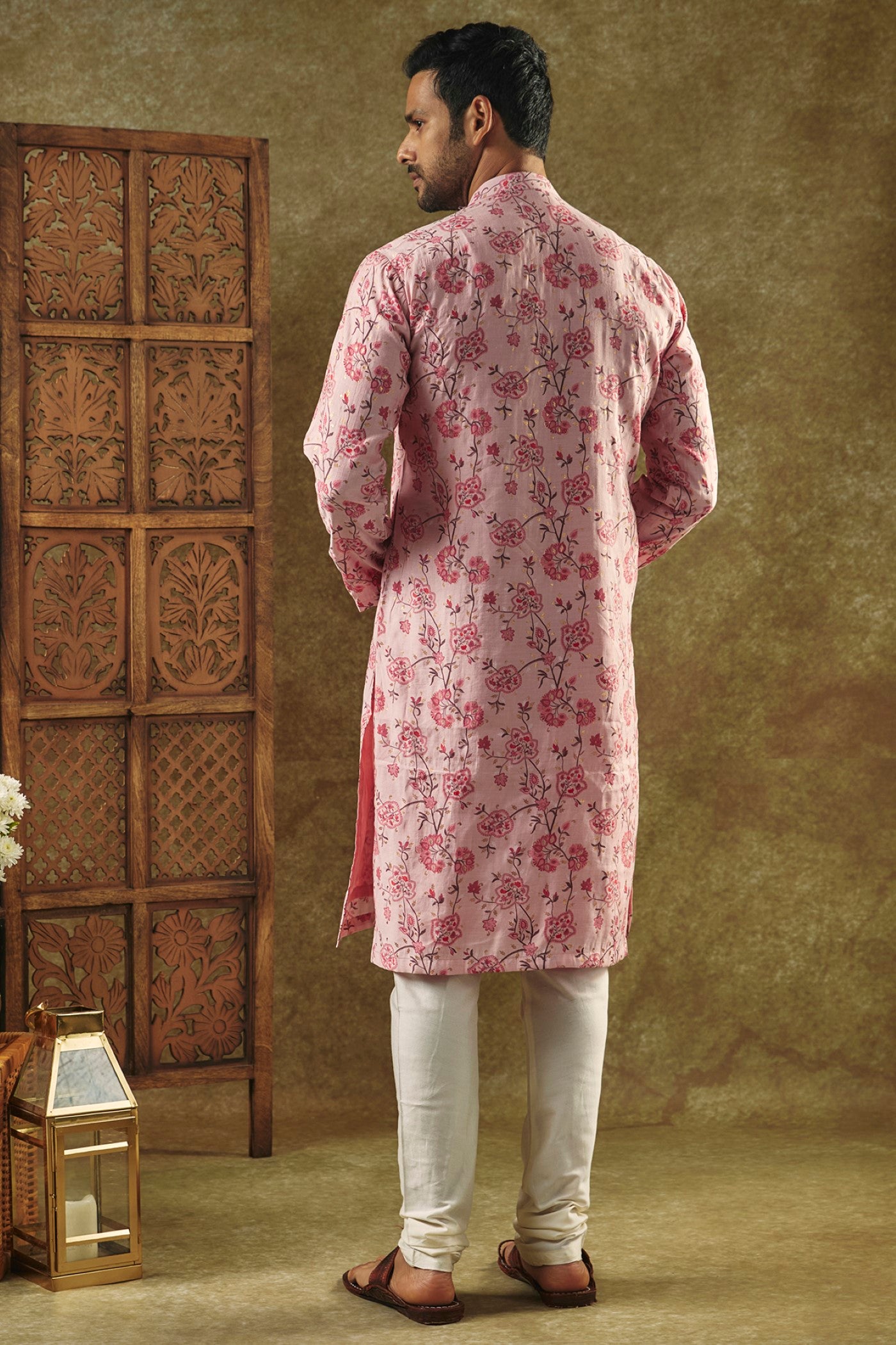 Salmon Pink Printed Silk kurta pajama set