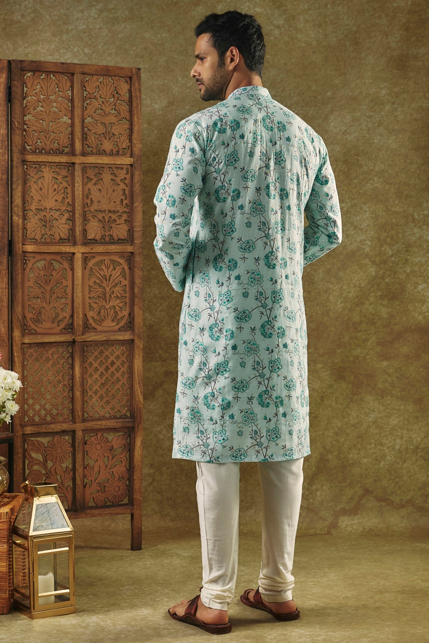 Sky Blue Printed Silk kurta pajama set