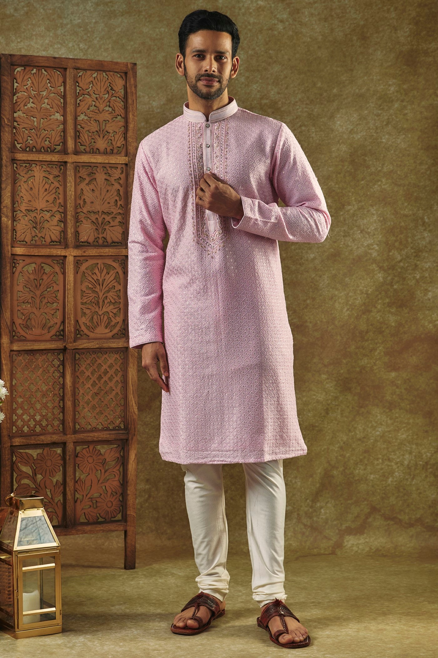 Onion Pink Silk kurta pajama set with resham embroidered neck