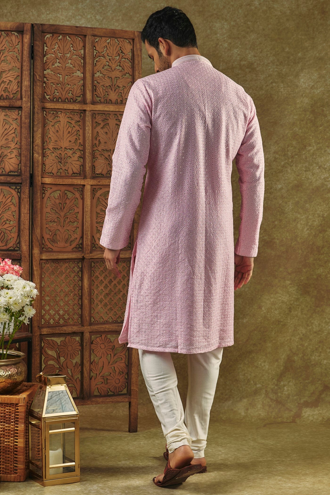 Onion Pink Silk kurta pajama set with resham embroidered neck