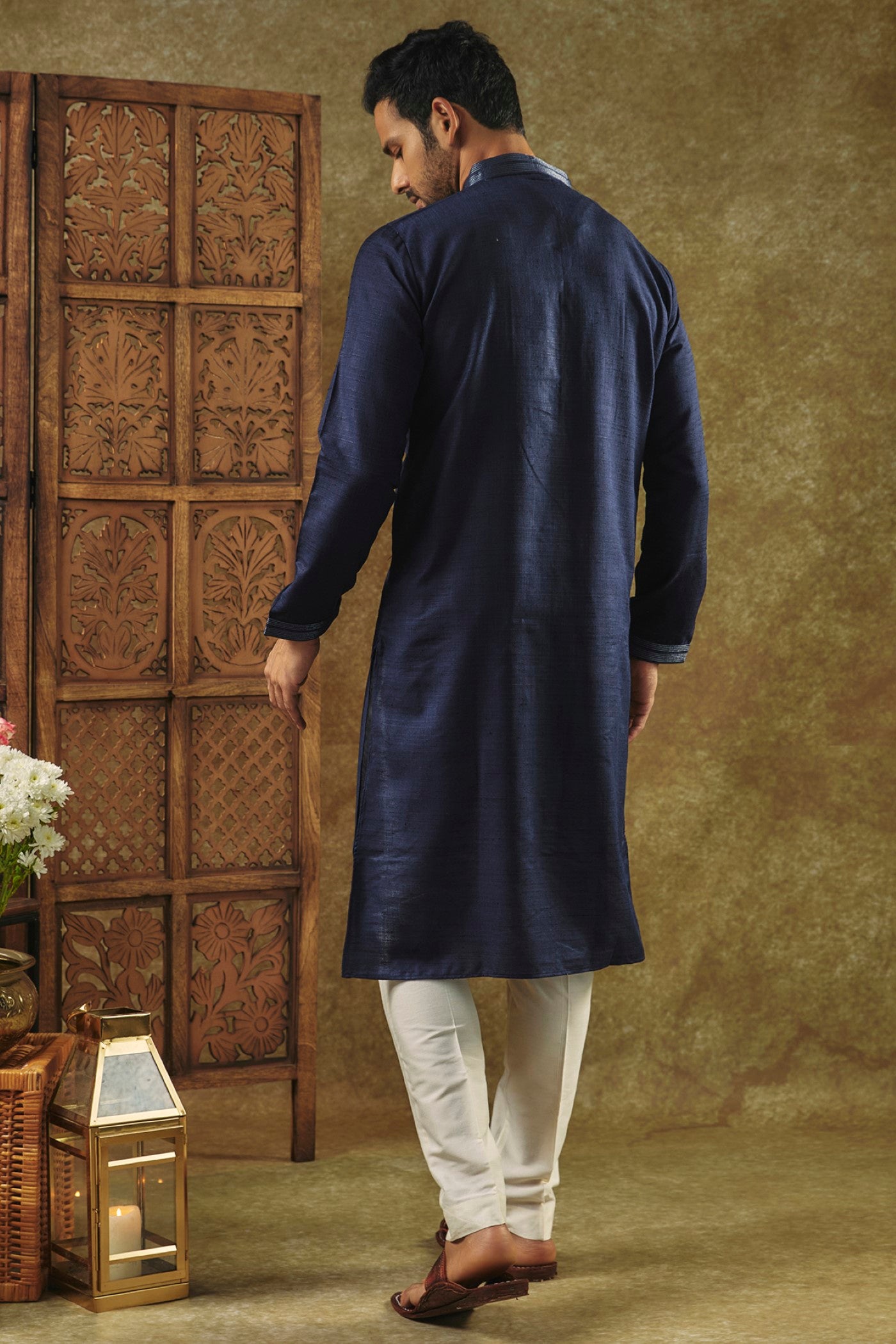 Ink Blue Printed Silk kurta pajama set with resham embroidered neck