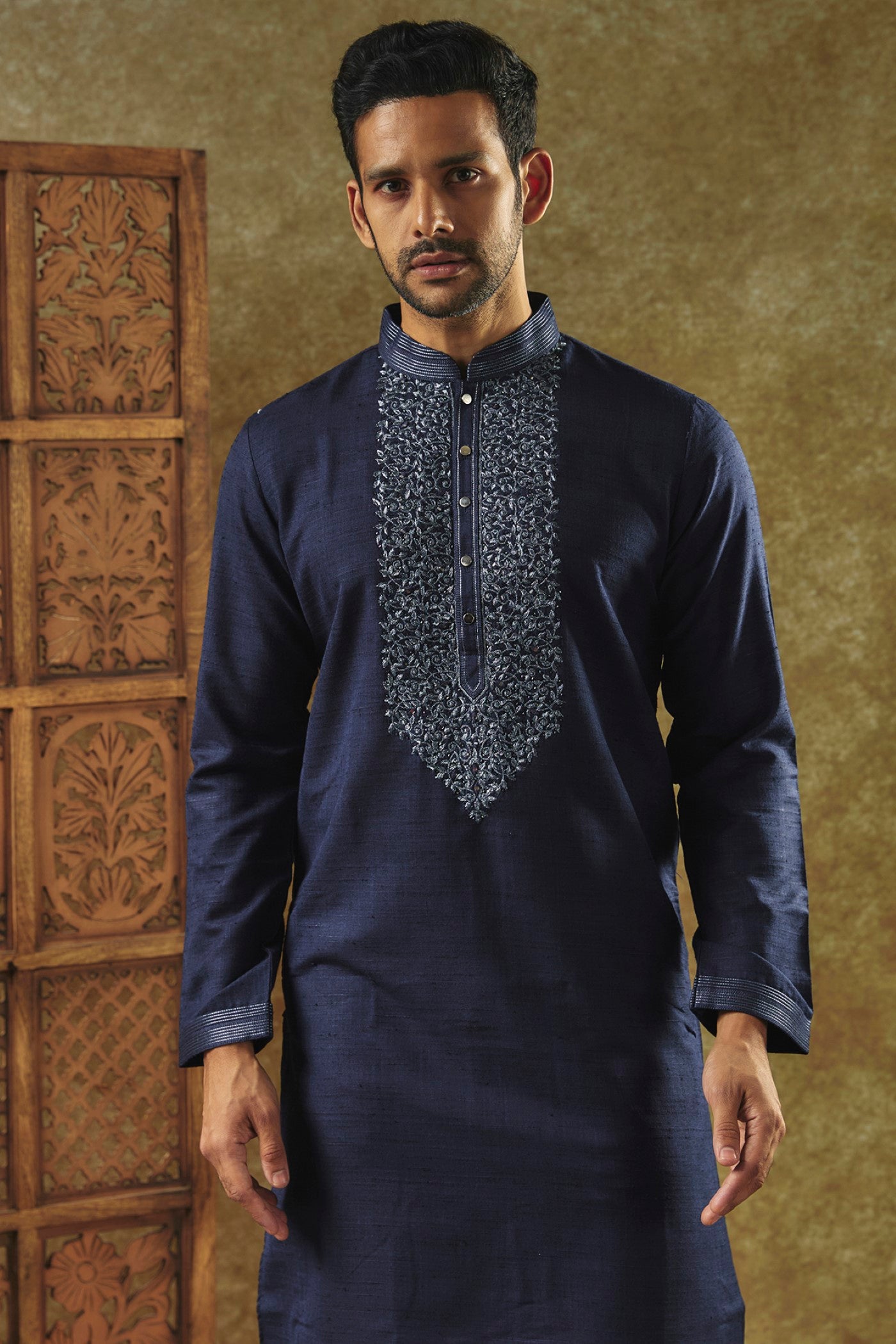Ink Blue Printed Silk kurta pajama set with resham embroidered neck
