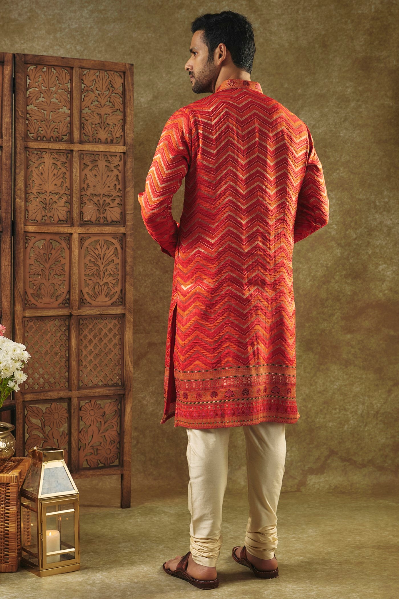 Maroon Printed Silk kurta pajama set with resham embroidered neck