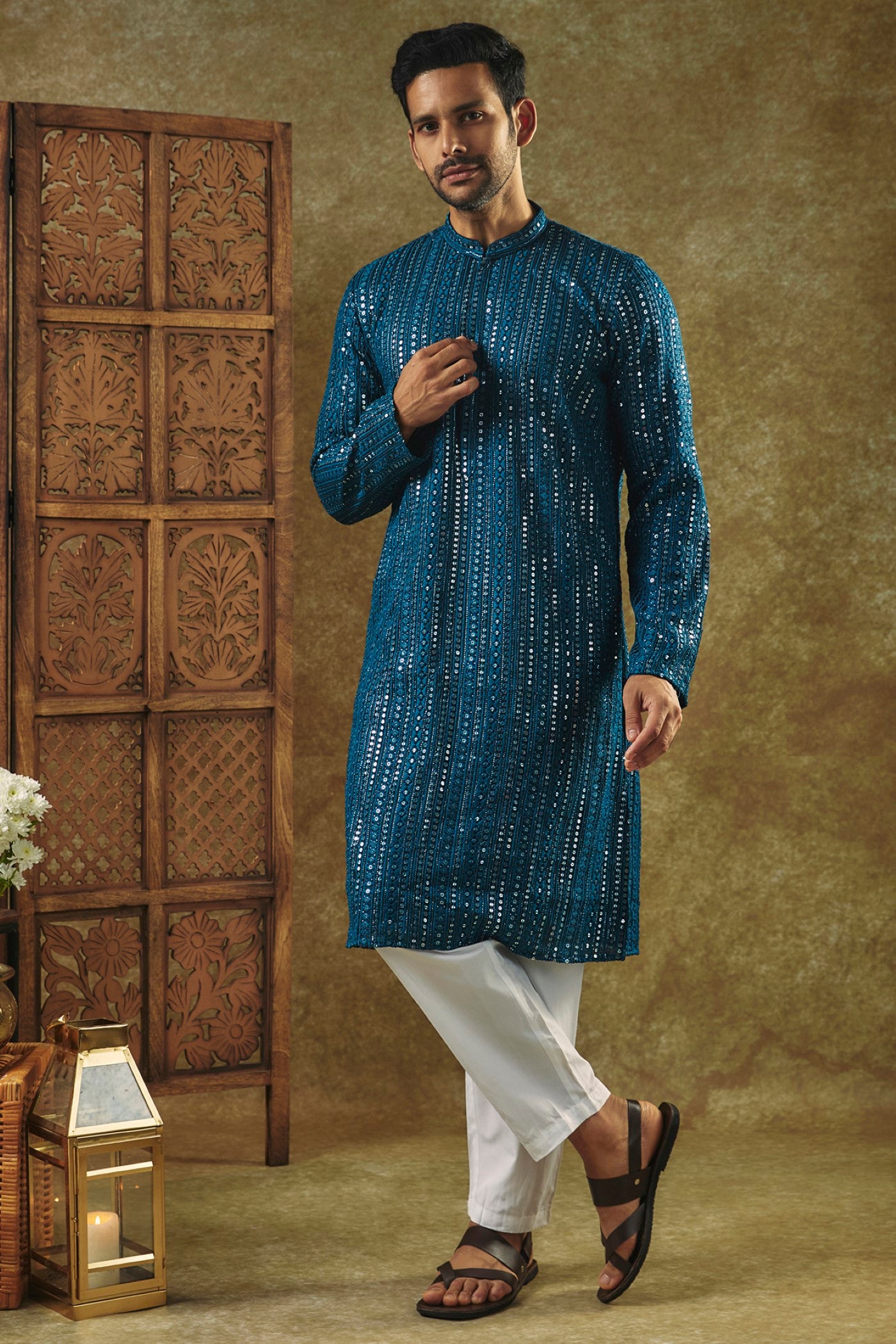Peacock Blue Silk kurta pajama set with SEQUIN work