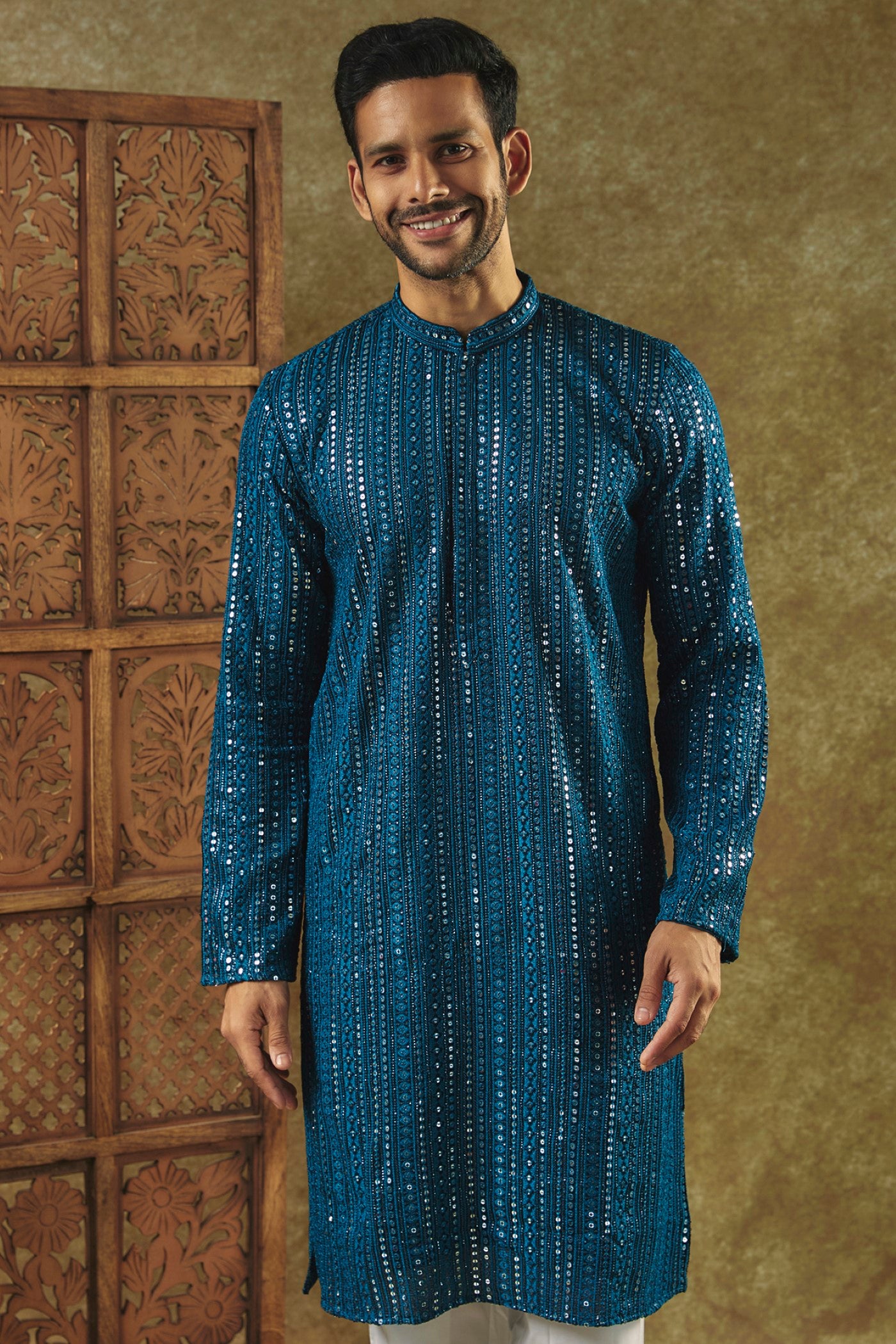 Peacock Blue Silk kurta pajama set with SEQUIN work