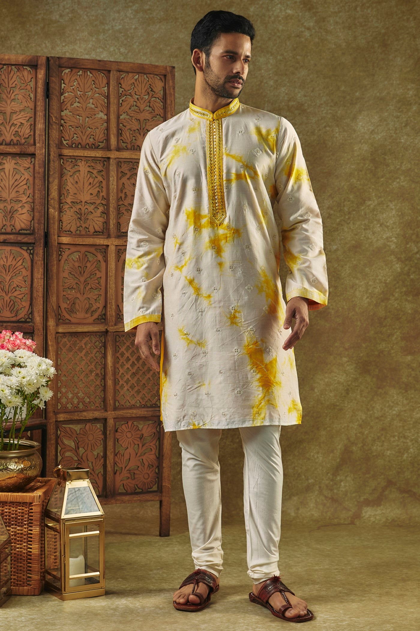 Mustard Yellow Printed Silk kurta pajama set with resham embroidered neck