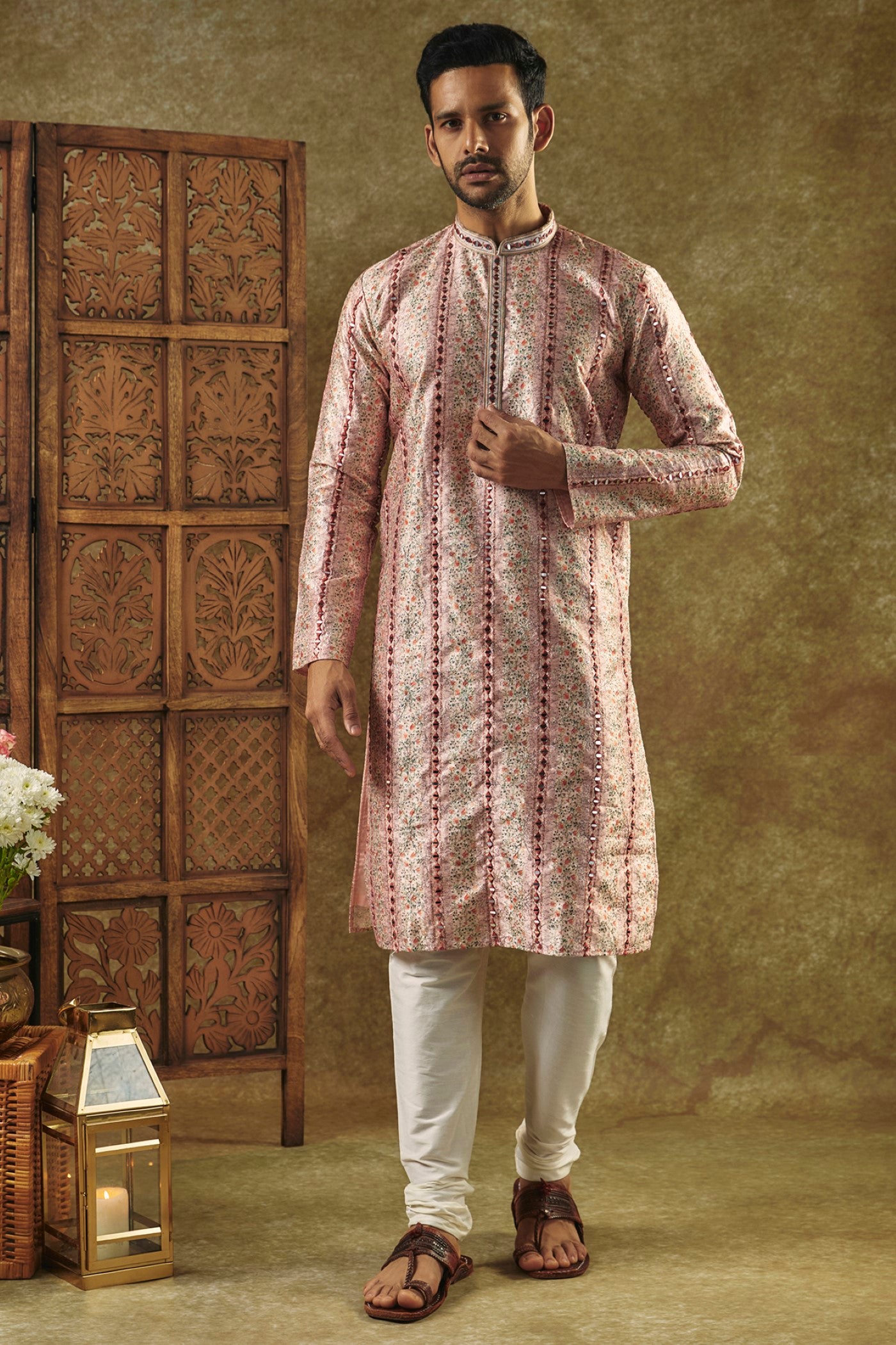 Beige Printed Silk kurta pajama set with resham embroidered neck