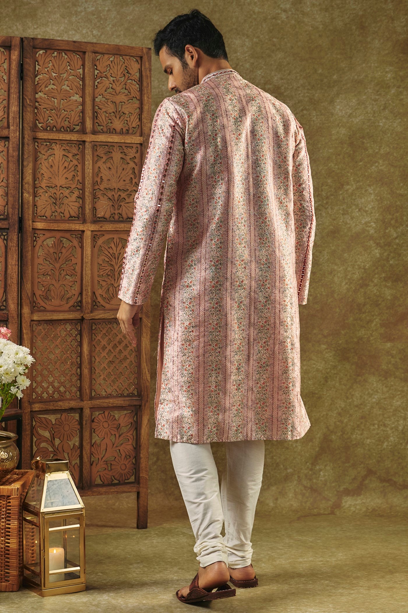 Beige Printed Silk kurta pajama set with resham embroidered neck