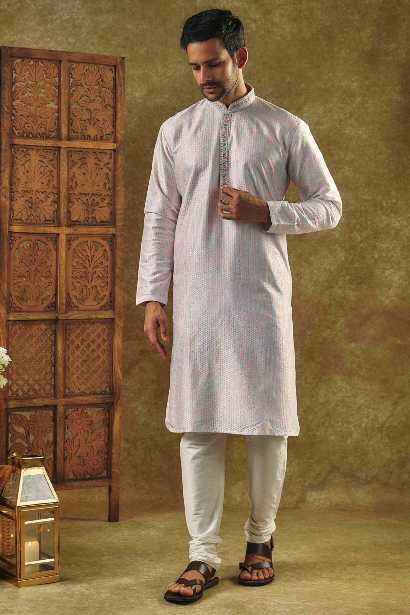 Silverish Grey Plain Silk kurta pajama set with resham embroidered neck