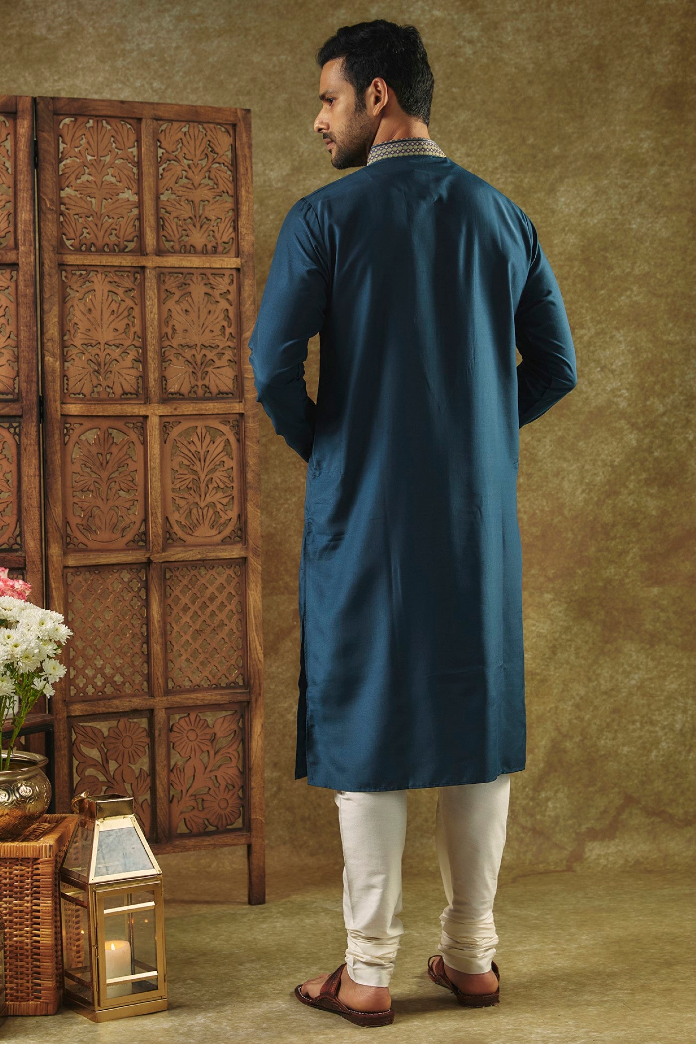 Ink Blue Plain Silk kurta pajama set with resham embroidered neck