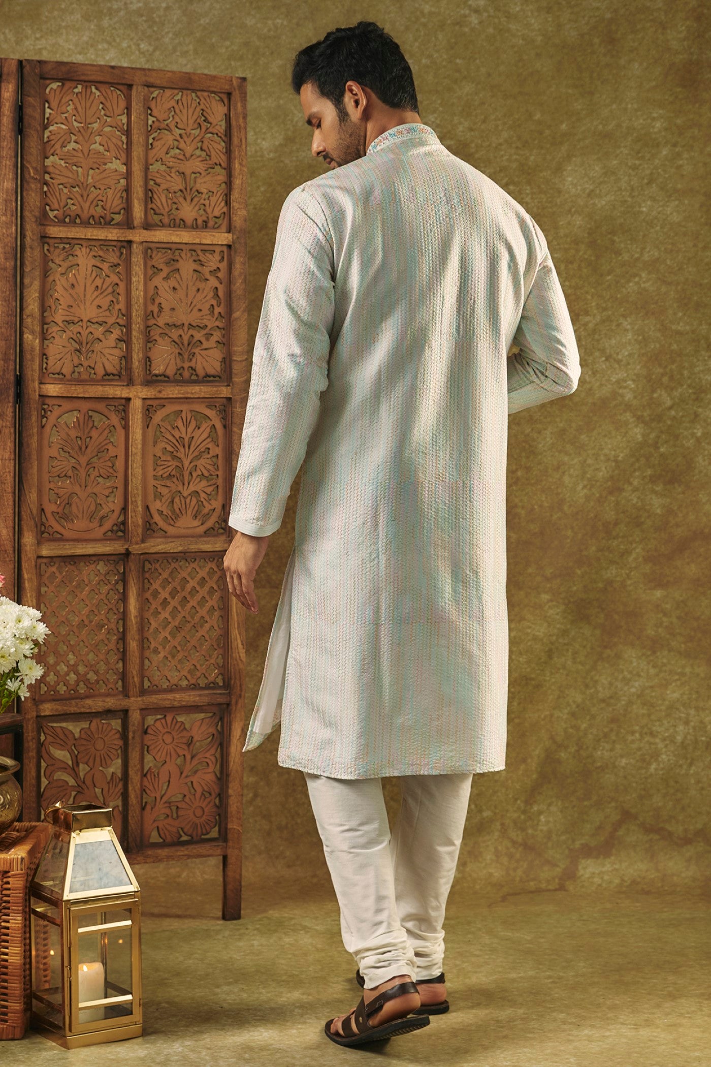 Silverish Grey Plain Silk kurta pajama set with resham embroidered neck