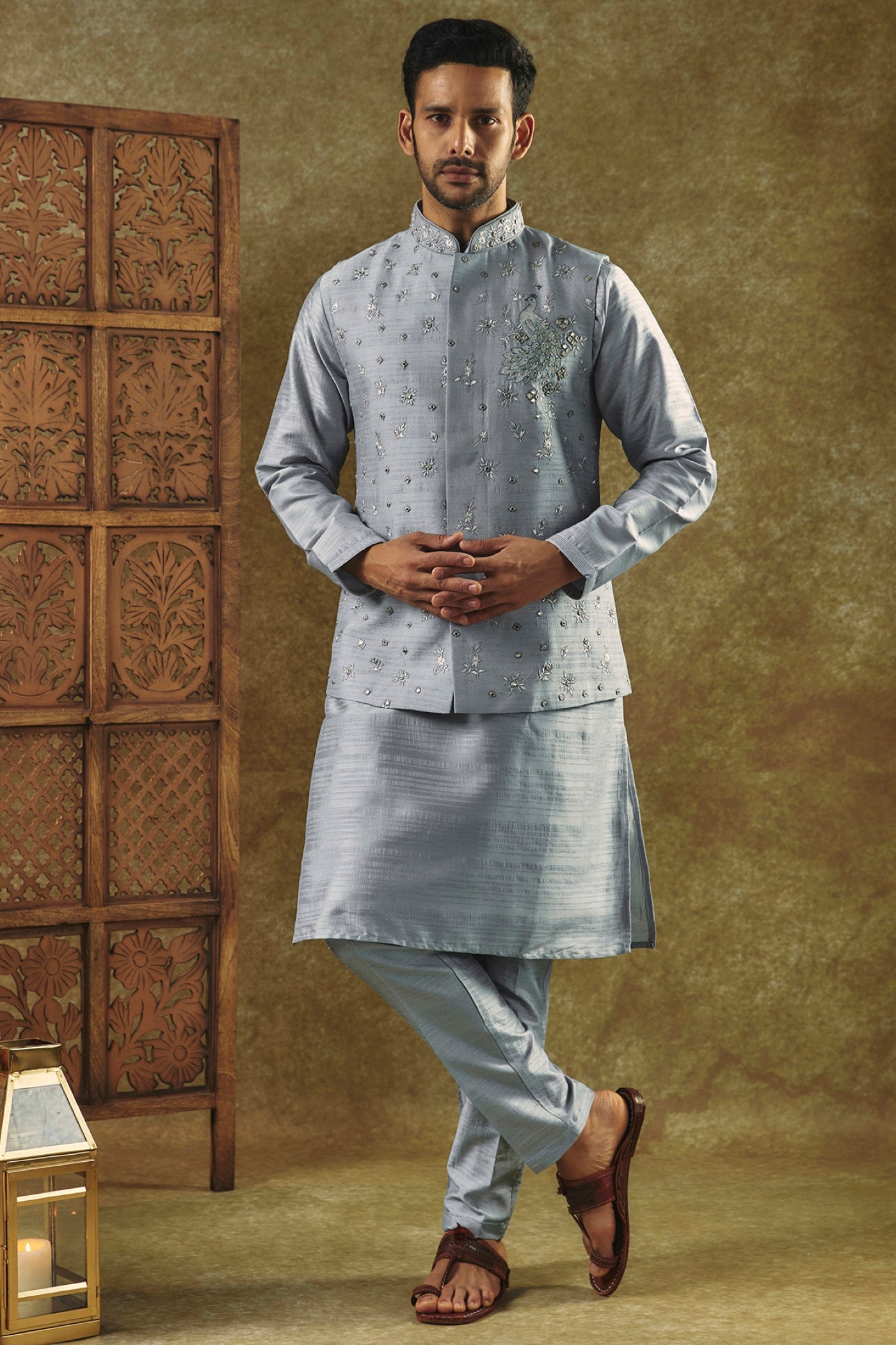 Buy Dark Grey Weaving Banarasi Silk Kurta Pajama With Jacket Online