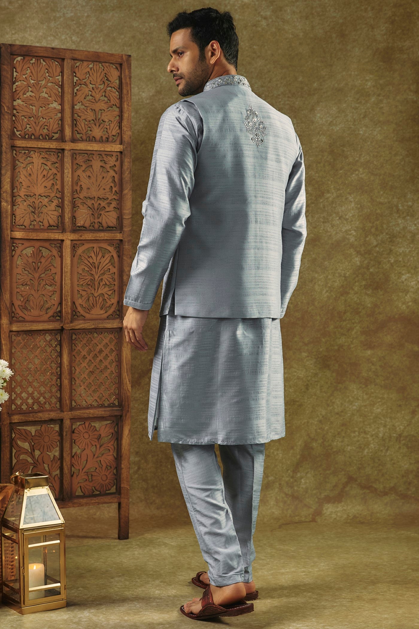 Slate Grey kurta Jacket set with mirror and resham embroidery