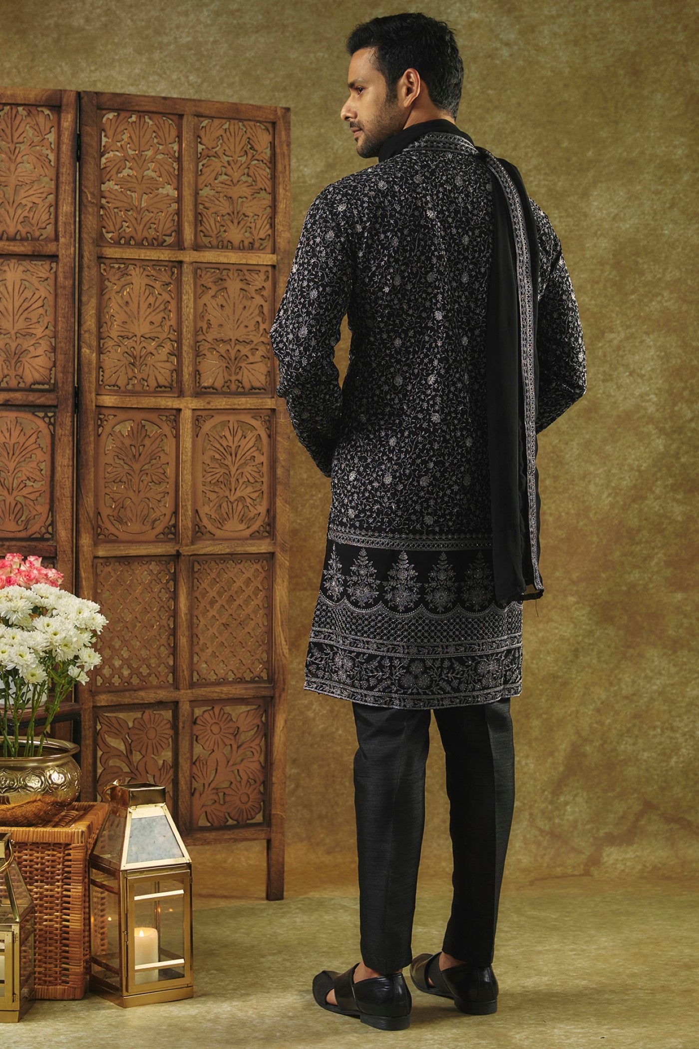 Jet Black Printed Silk kurta pajama set and dupatta with all over thread work