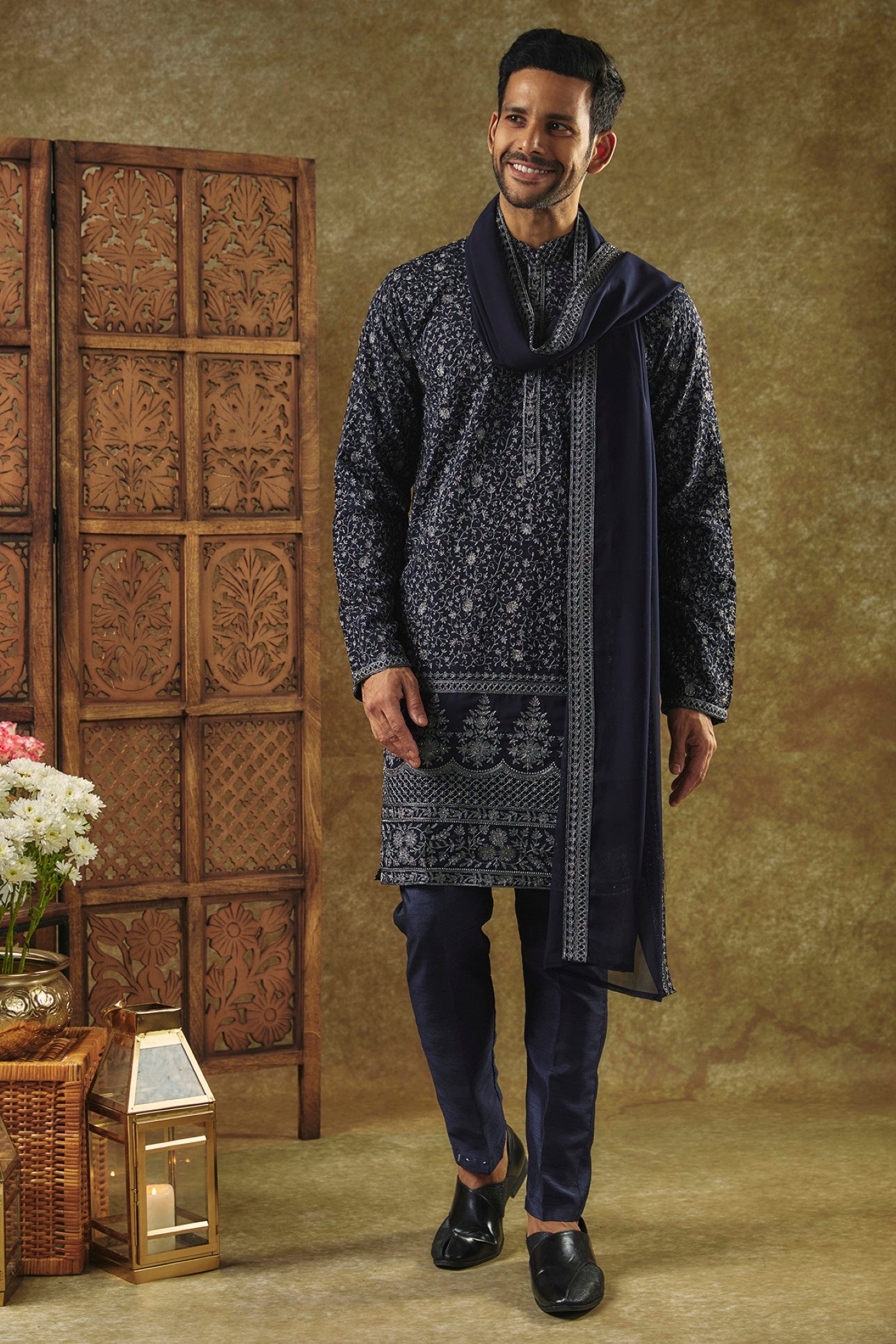 Onyx Black Printed Silk kurta pajama set and dupatta with all over thread work