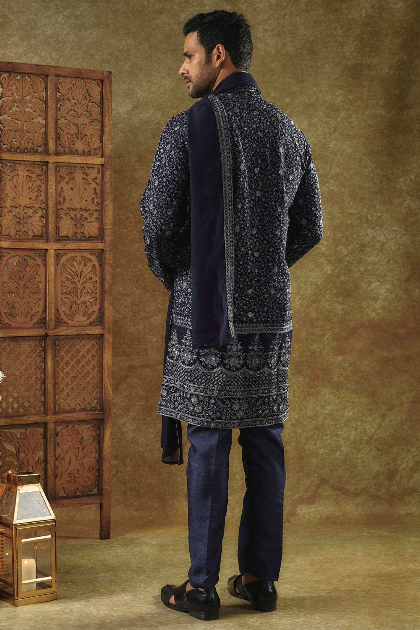 Onyx Black Printed Silk kurta pajama set and dupatta with all over thread work
