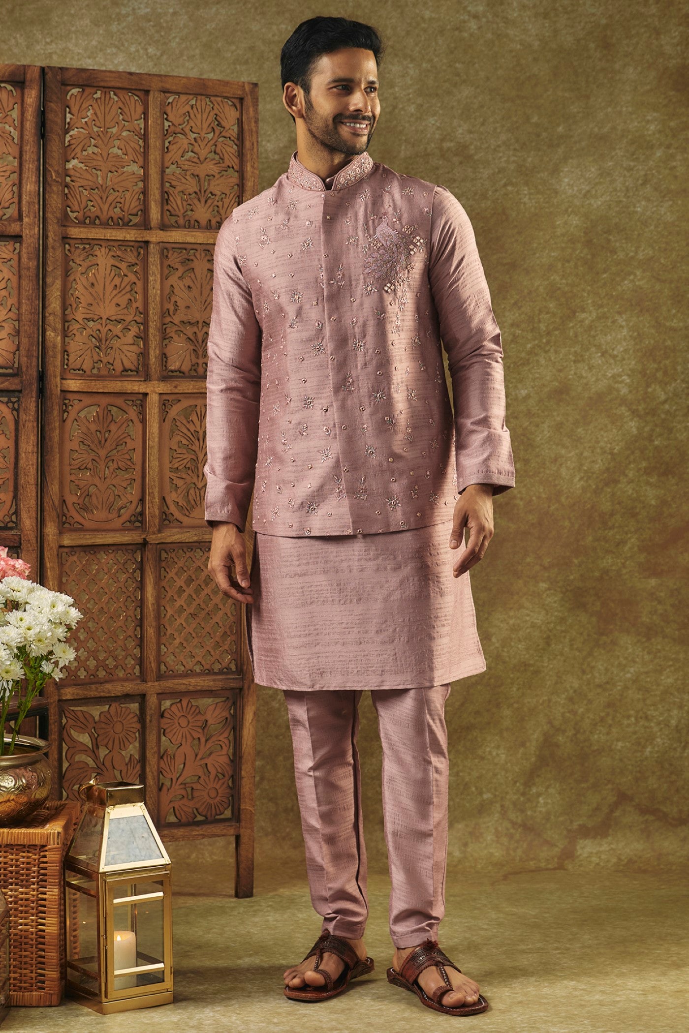 Onion Pink kurta Jacket set with mirror and resham embroidery