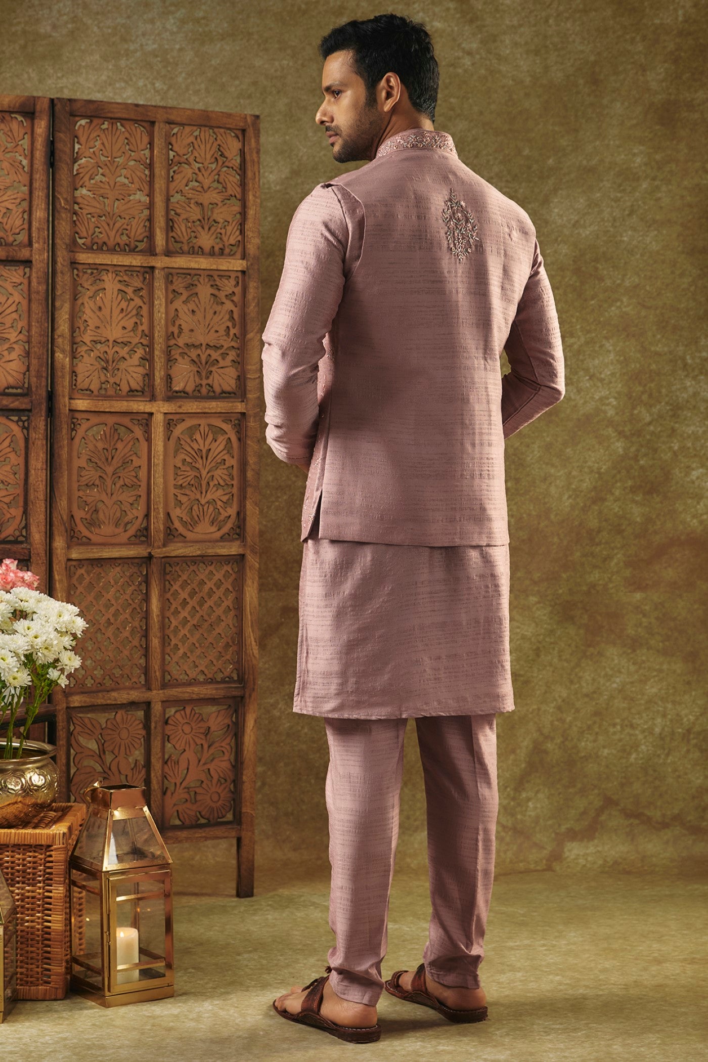 Onion Pink kurta Jacket set with mirror and resham embroidery