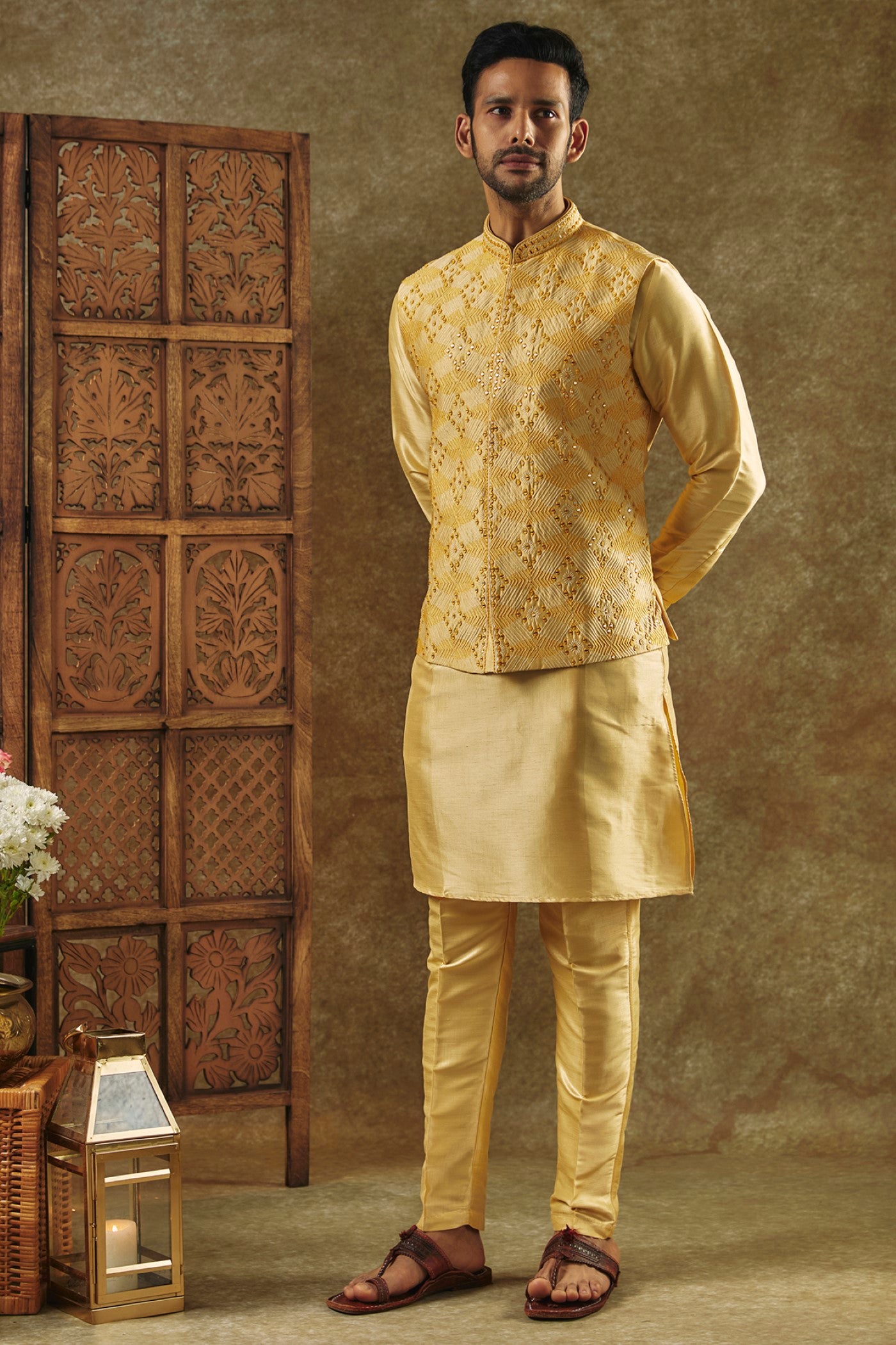 Buy Yellow Organza Jacket with Kurta and Pant for Boys Online