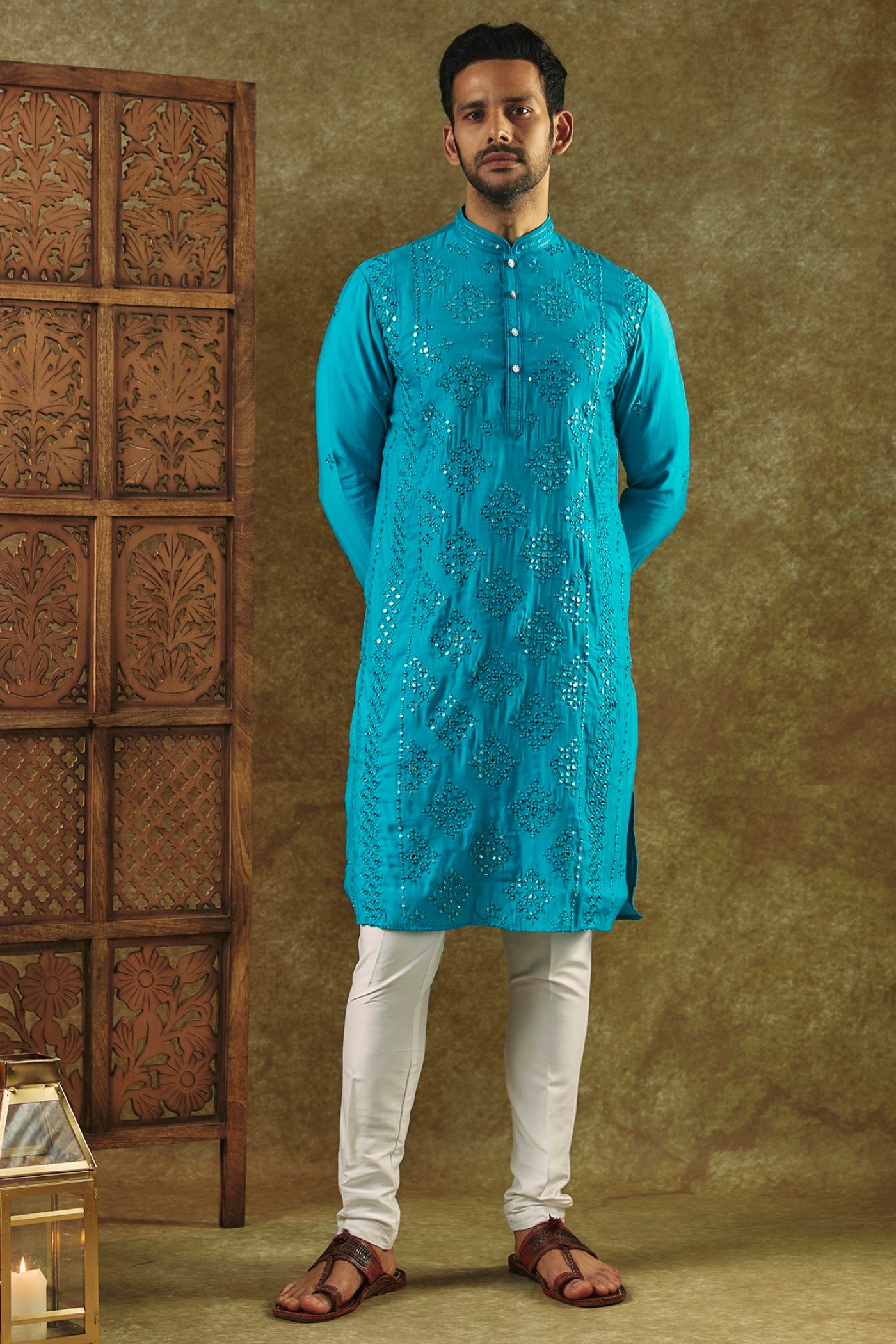 Cobalt Blue Printed Silk kurta pajama set with all over thread and mirror work