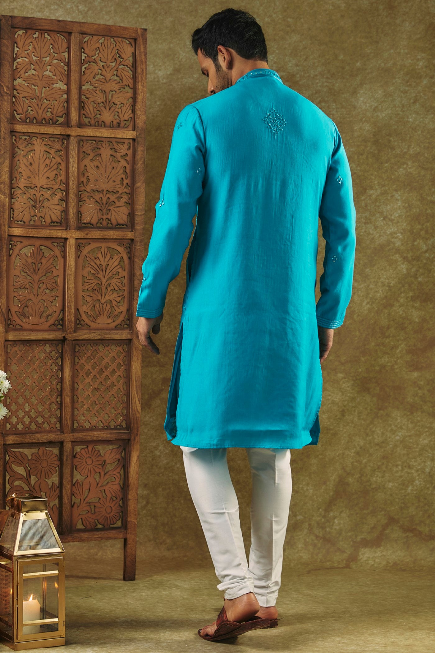 Cobalt Blue Printed Silk kurta pajama set with all over thread and mirror work