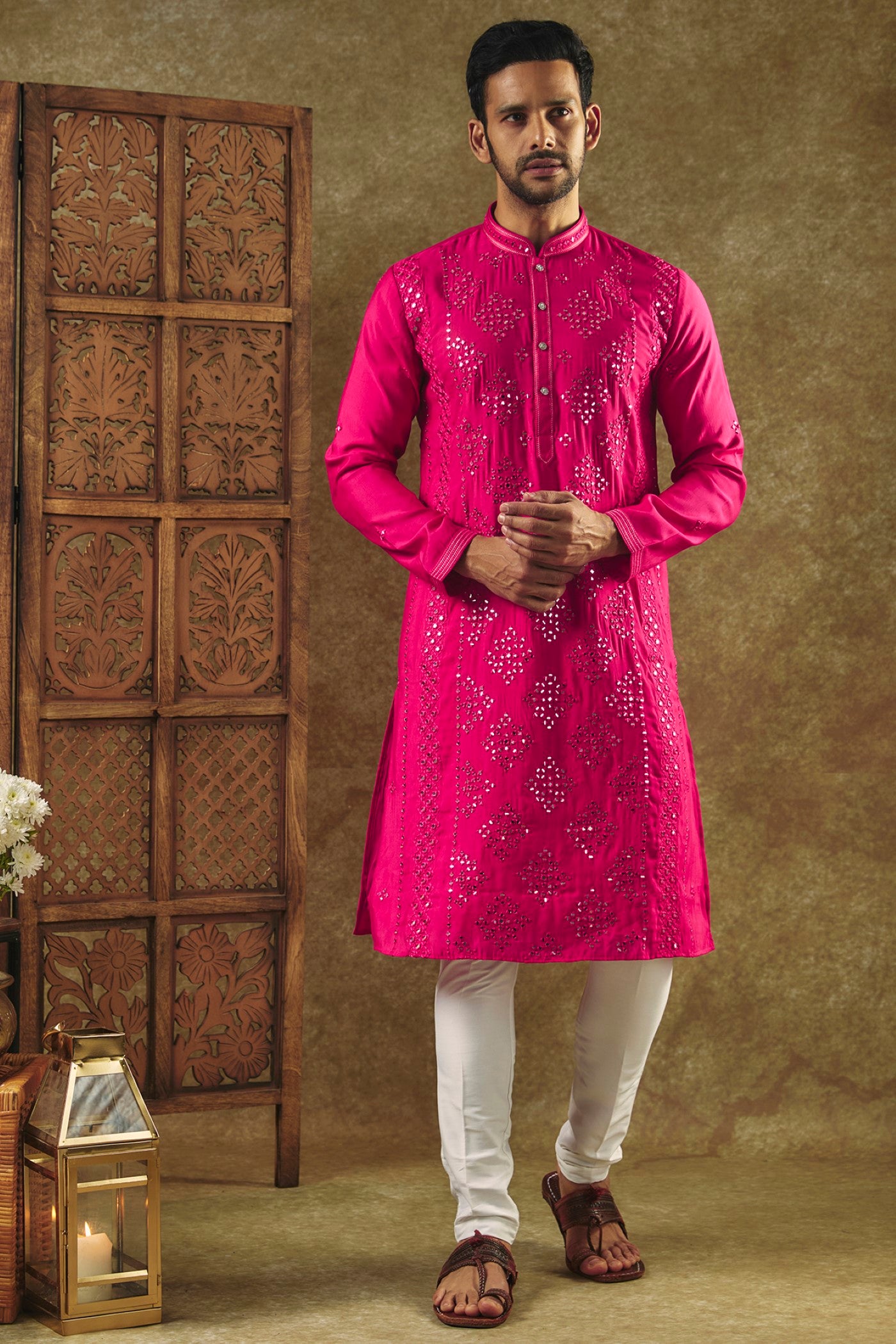 Bright Carnasion Pink Printed Silk kurta pajama set with all over thread and mirror work