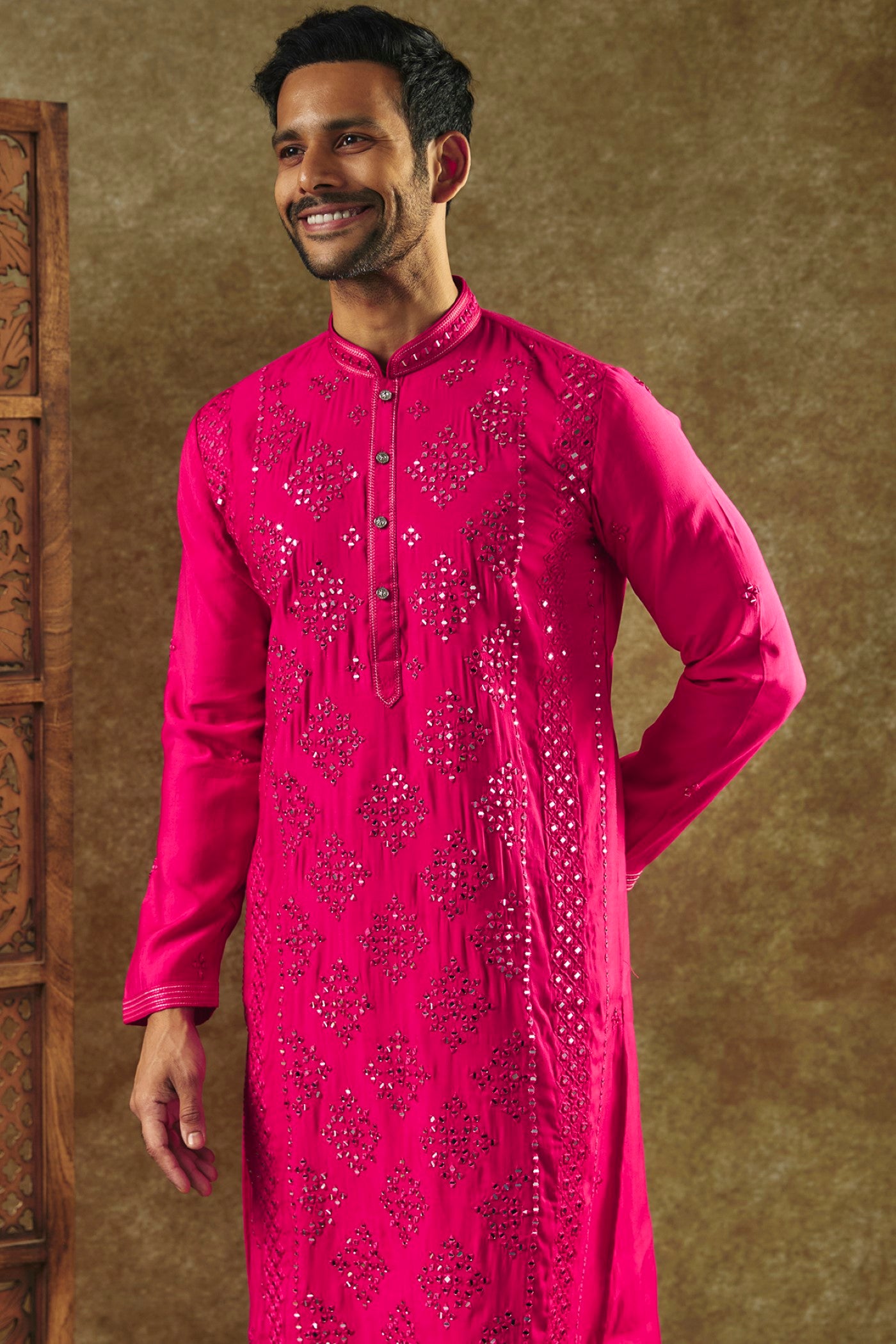 Bright Carnasion Pink Printed Silk kurta pajama set with all over thread and mirror work
