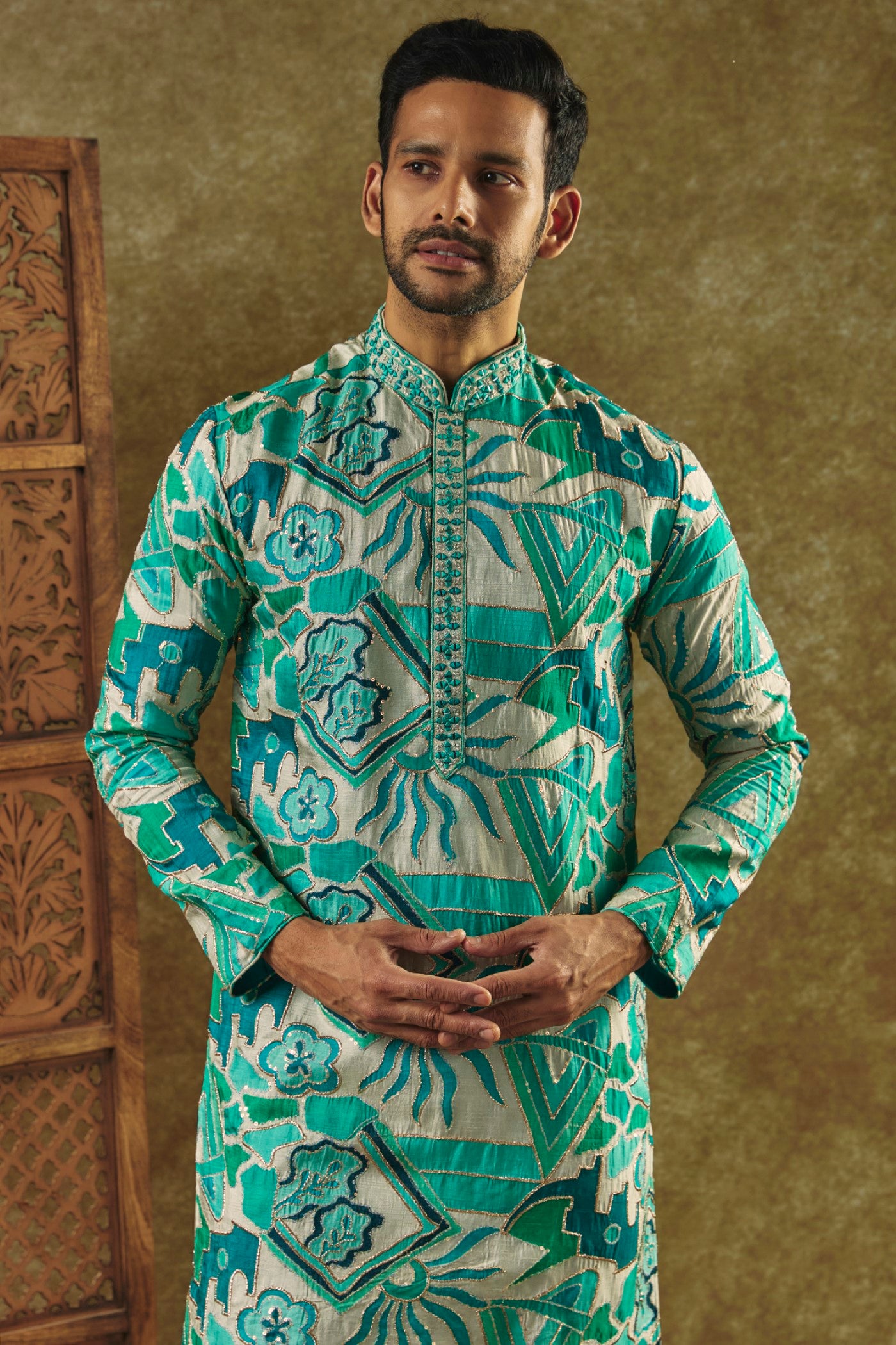 Tropical Green Printed Silk kurta pajama set with resham embroidered neck
