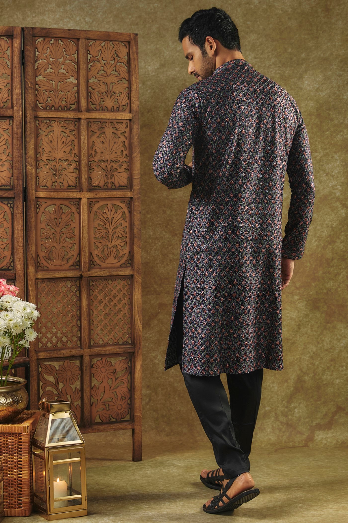 Jet Black Printed Silk kurta pajama set with all over thread and sequin work